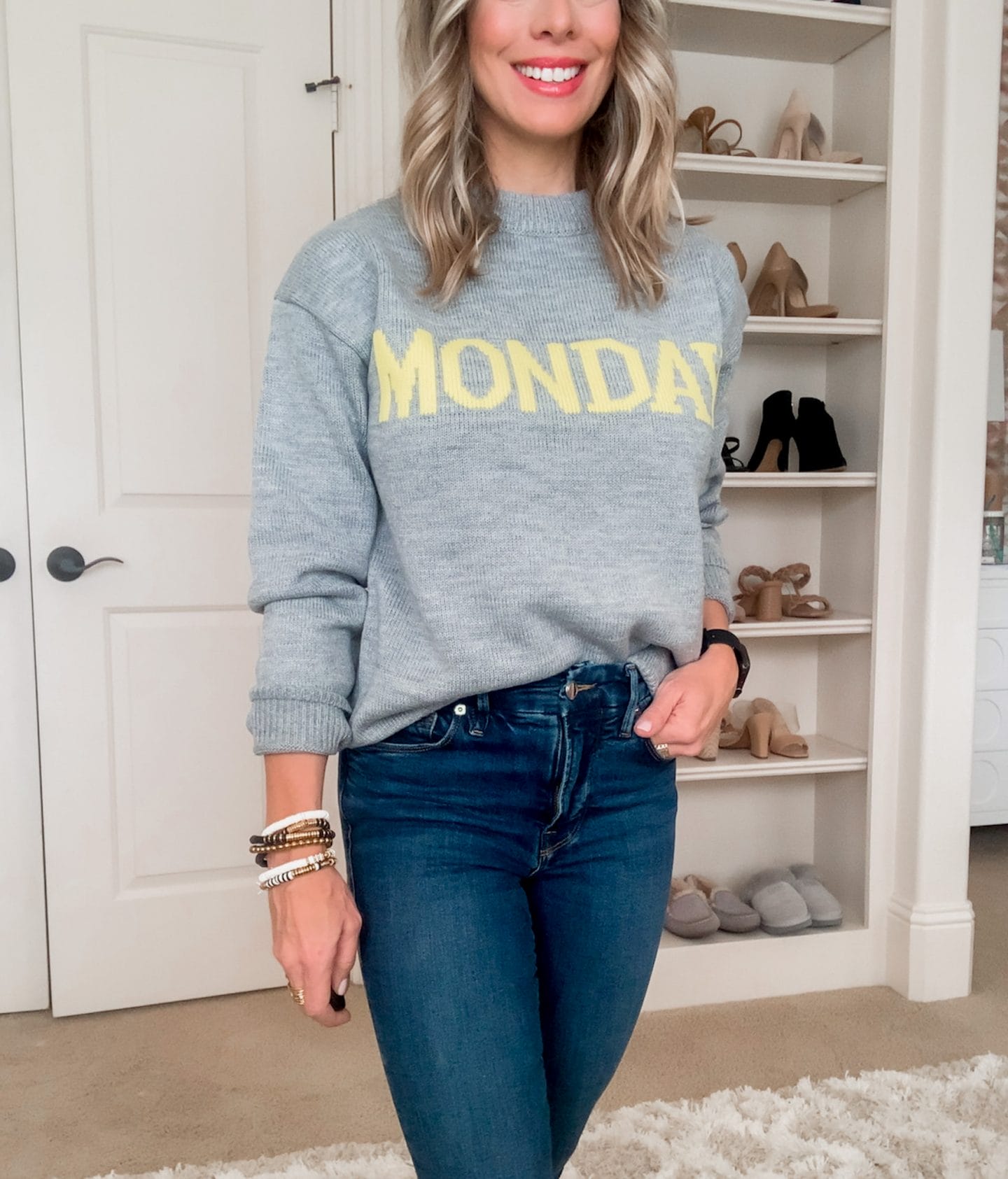 Dressing Room Finds, Monday Sweater, Jeans, Sneakers 