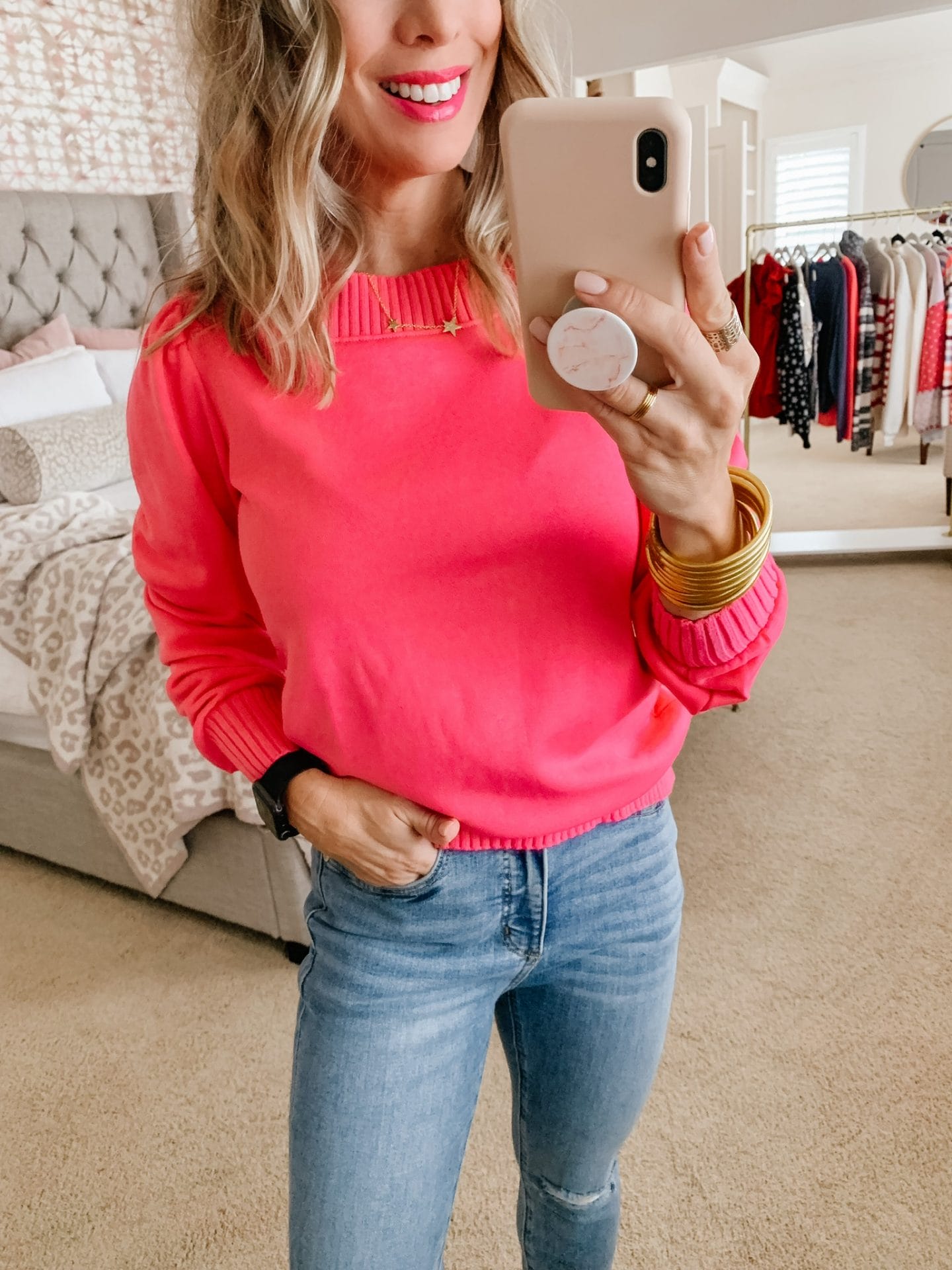 Pink Boatneck Sweater, Jeans LOFT