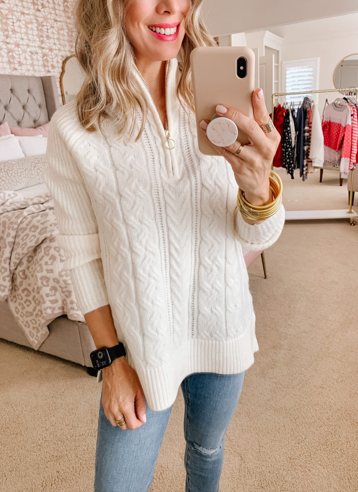 Cable Knit Half Zip Sweater, Jeans