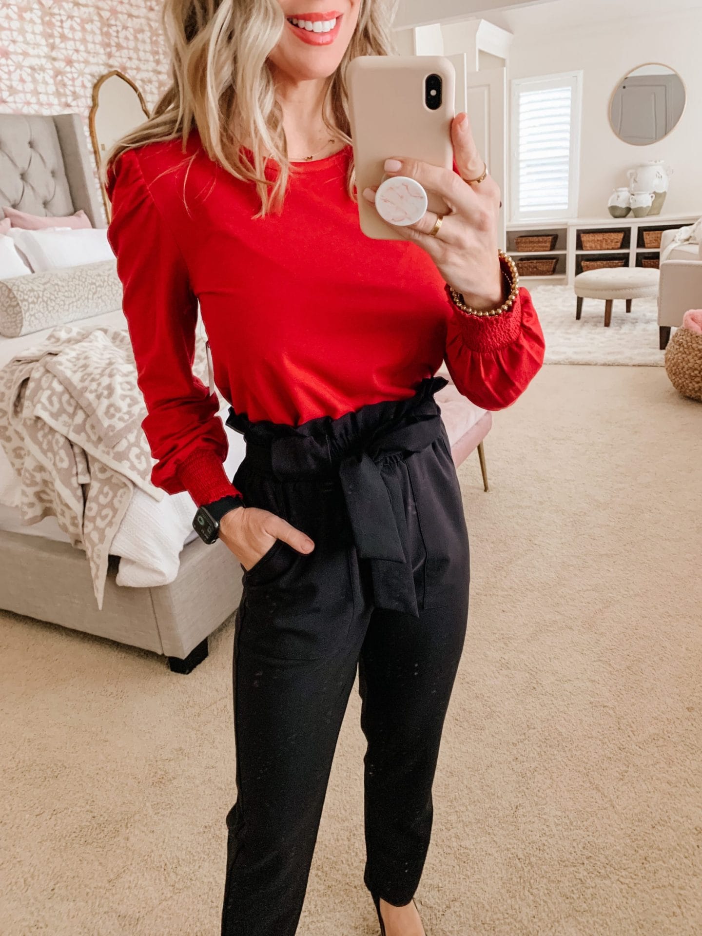Amazon Fashion, Red Sweater, Pants, Heels 