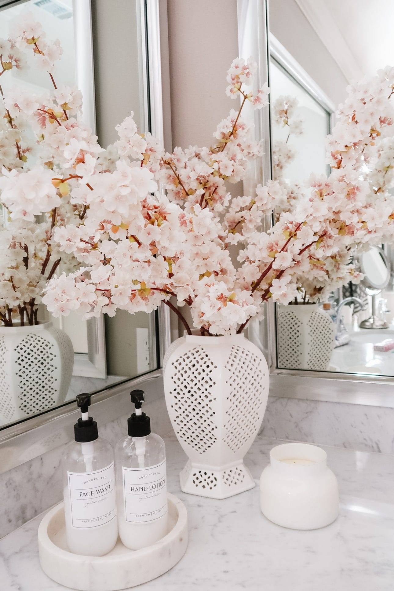 Marble Tray, Soap Dispensers, Cherry Blossoms, Candle 