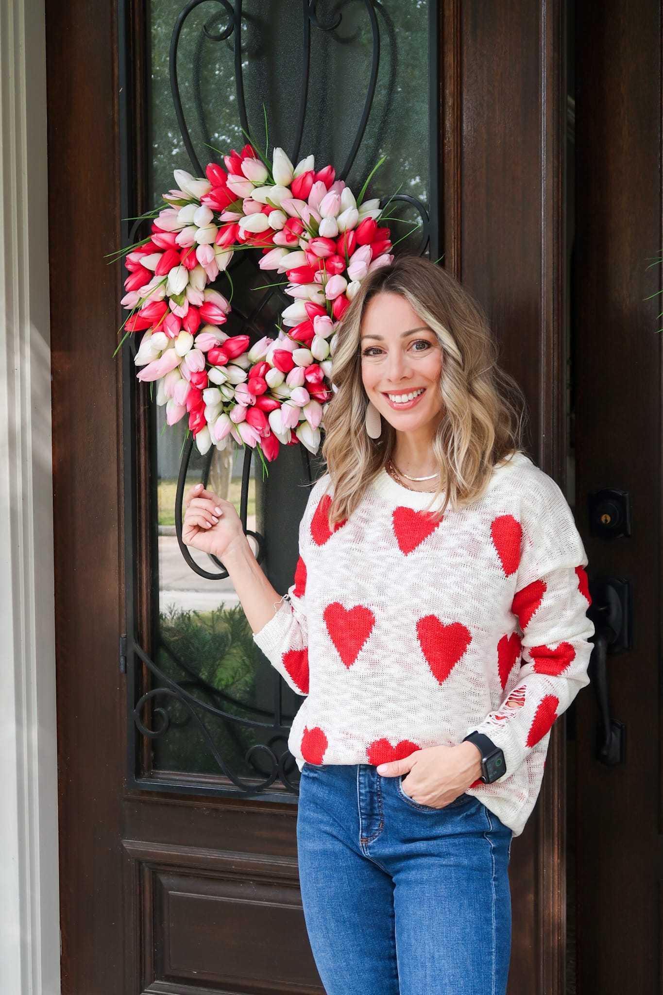Heart Sweater, Jeans, Tulip Wreath