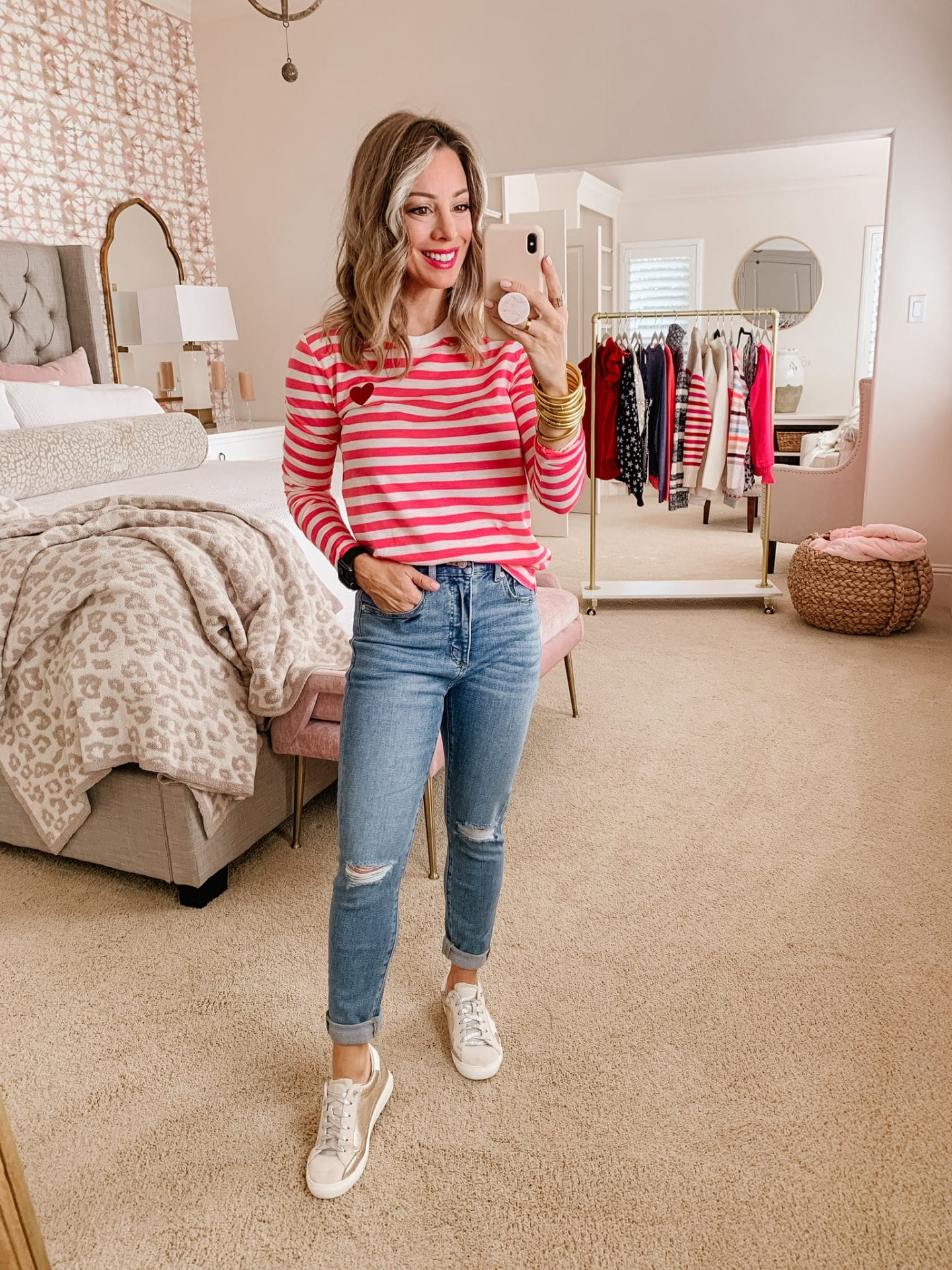 Striped Heart Sweater, Jeans, LOFT 