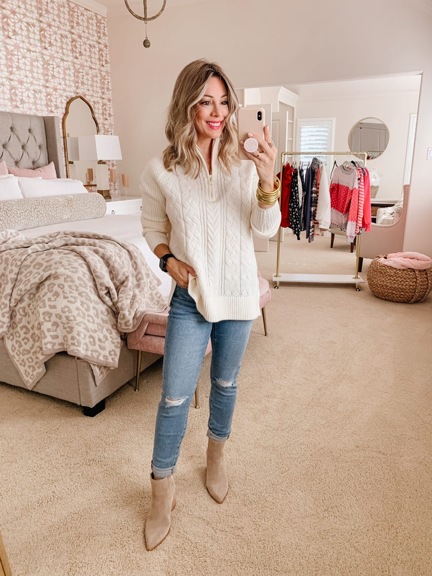 Cable Knit Half Zip Sweater, Jeans, Booties 