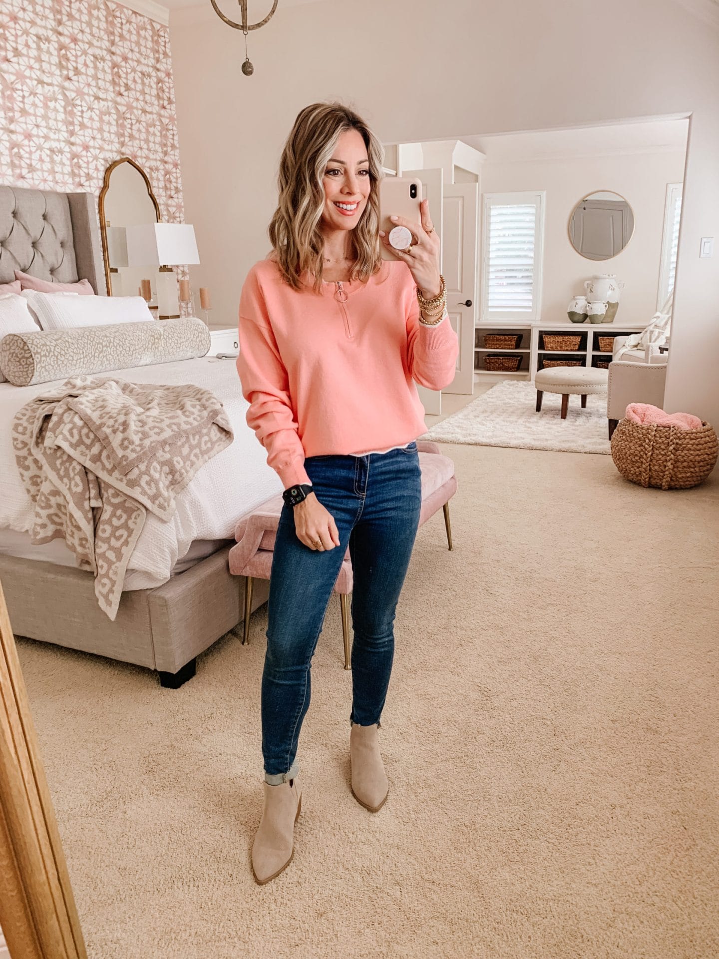 Amazon Fashion, Scalloped Sweater, Jeans, Booties 