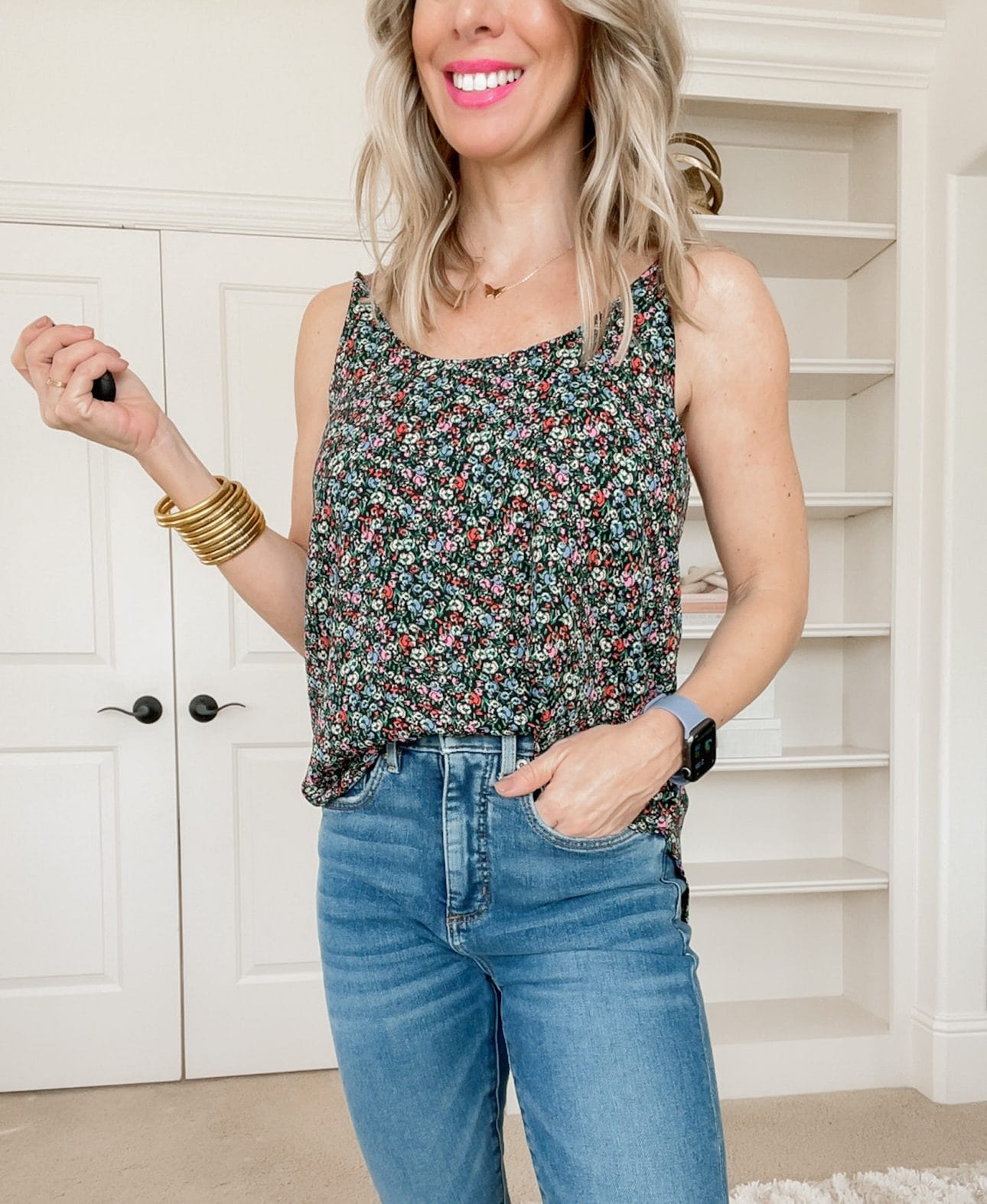Dressing Room Finds, Floral Tank, Jeans, Wedges, Crossbody 