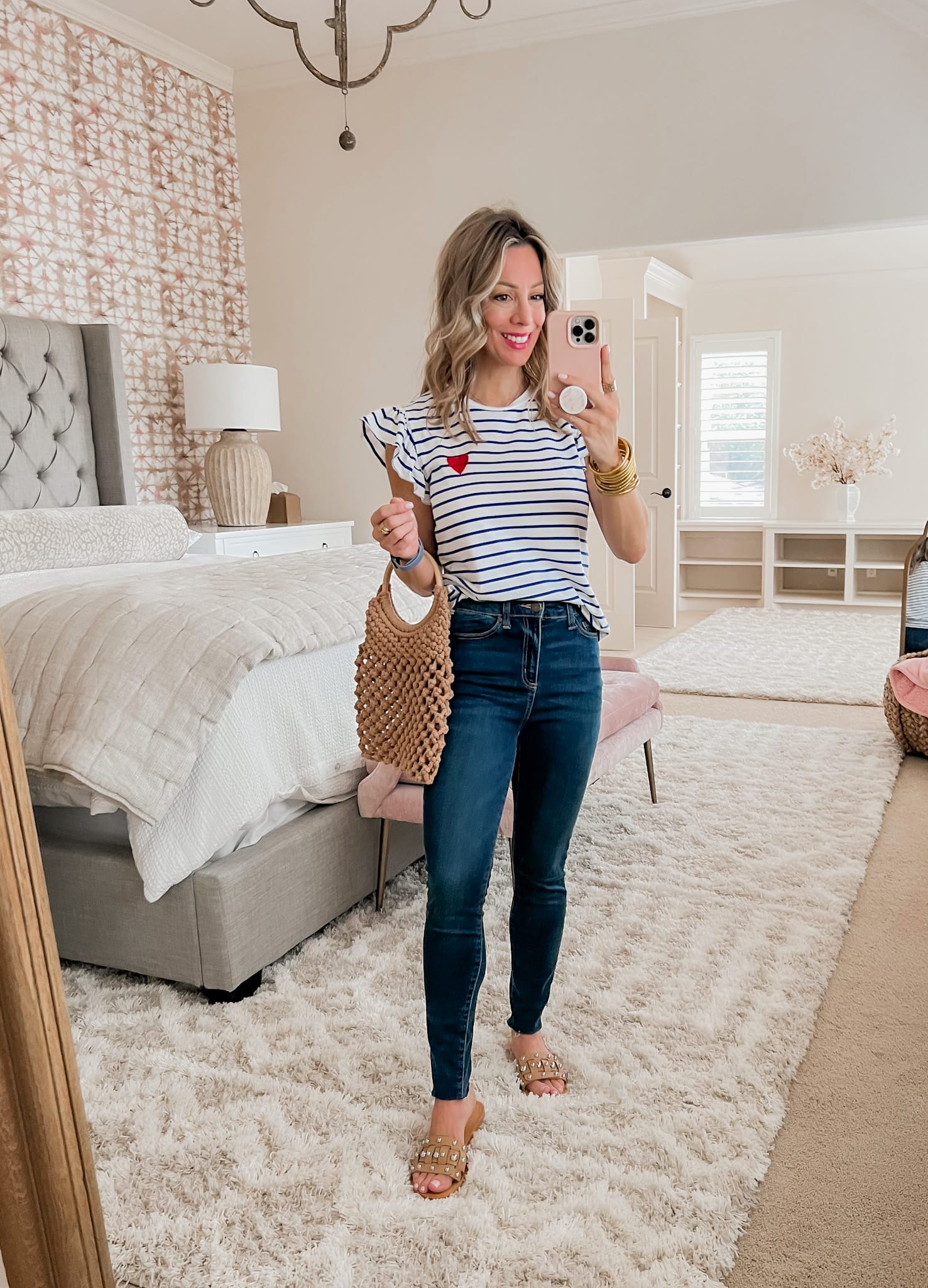 Striped Heart Tee, Jeans, Studded Sandals, Bag 