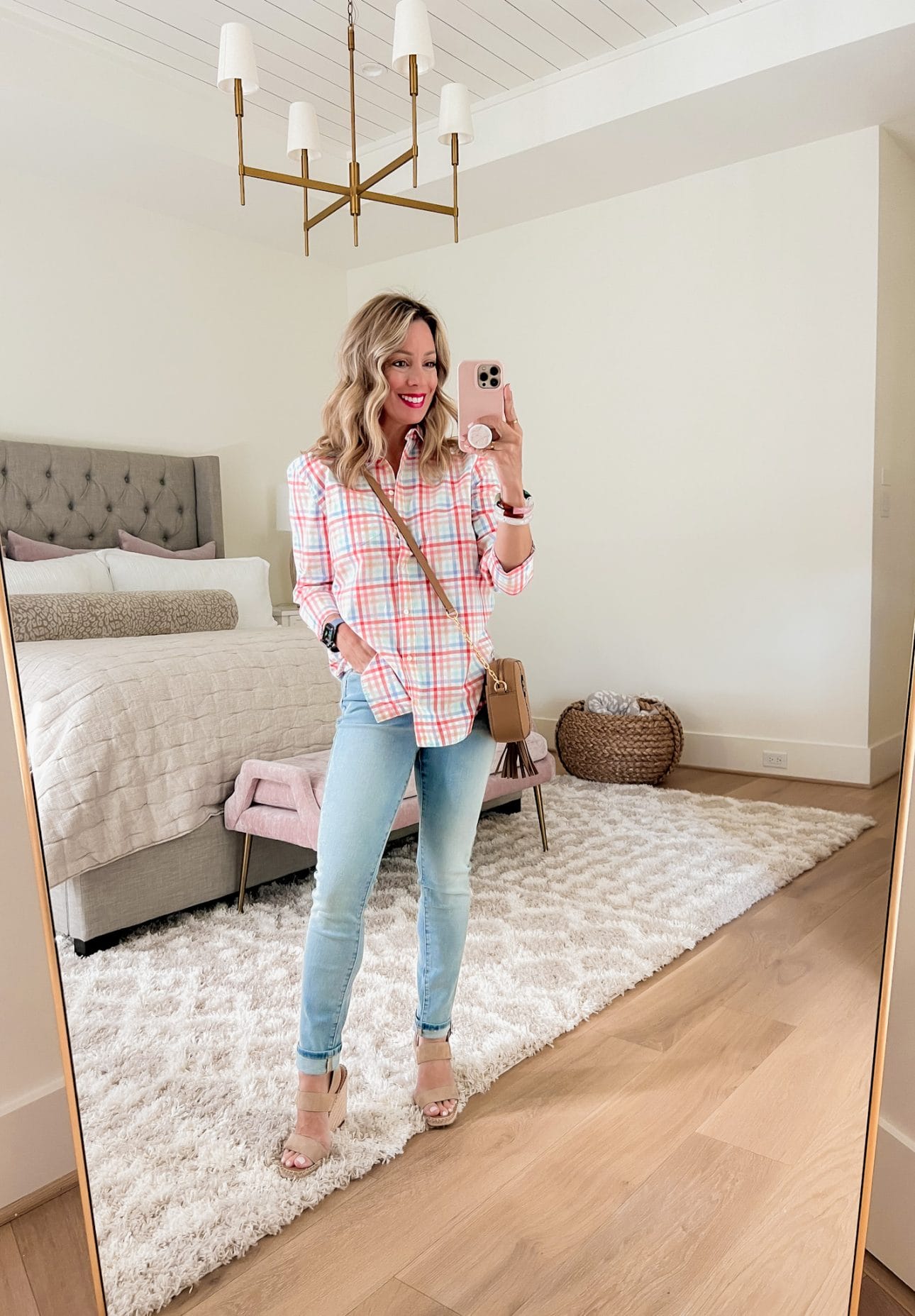 Gingham Button Down, Jeans, Wedges 