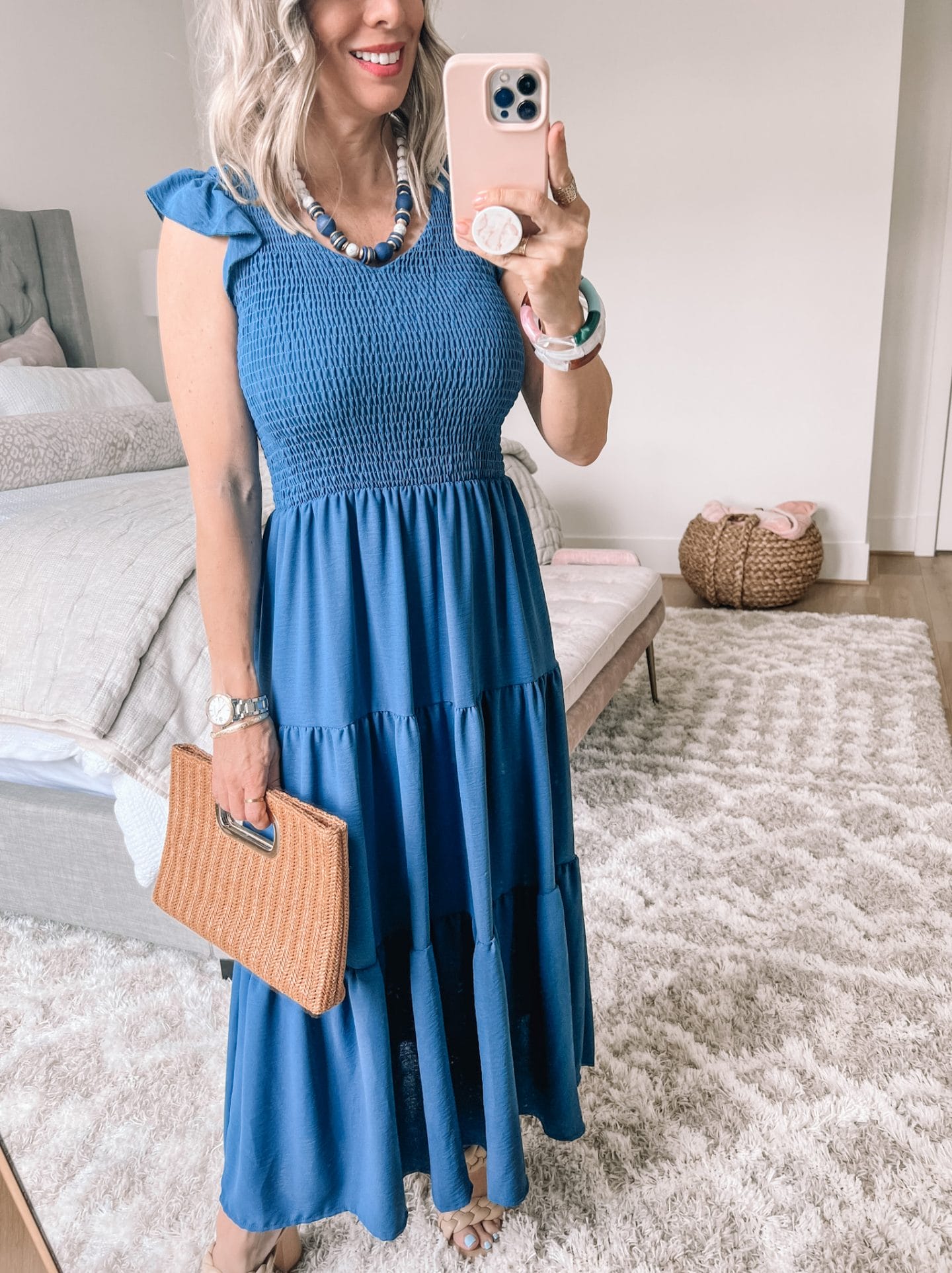 Amazon Fashion, Blue Smocked Maxi Dress, Sandals, Woven Clutch