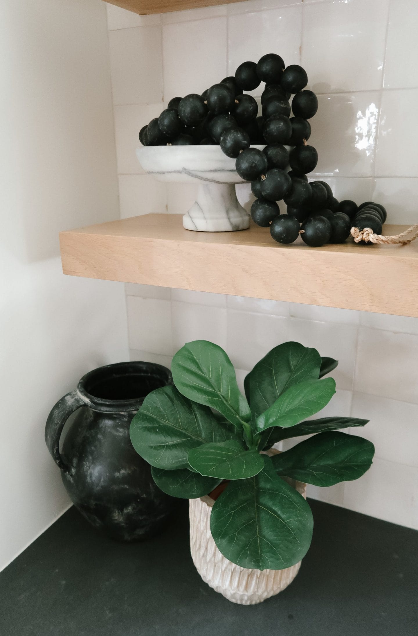 Black Vase, Black Beads, Faux Plants, Kitchen Tour 