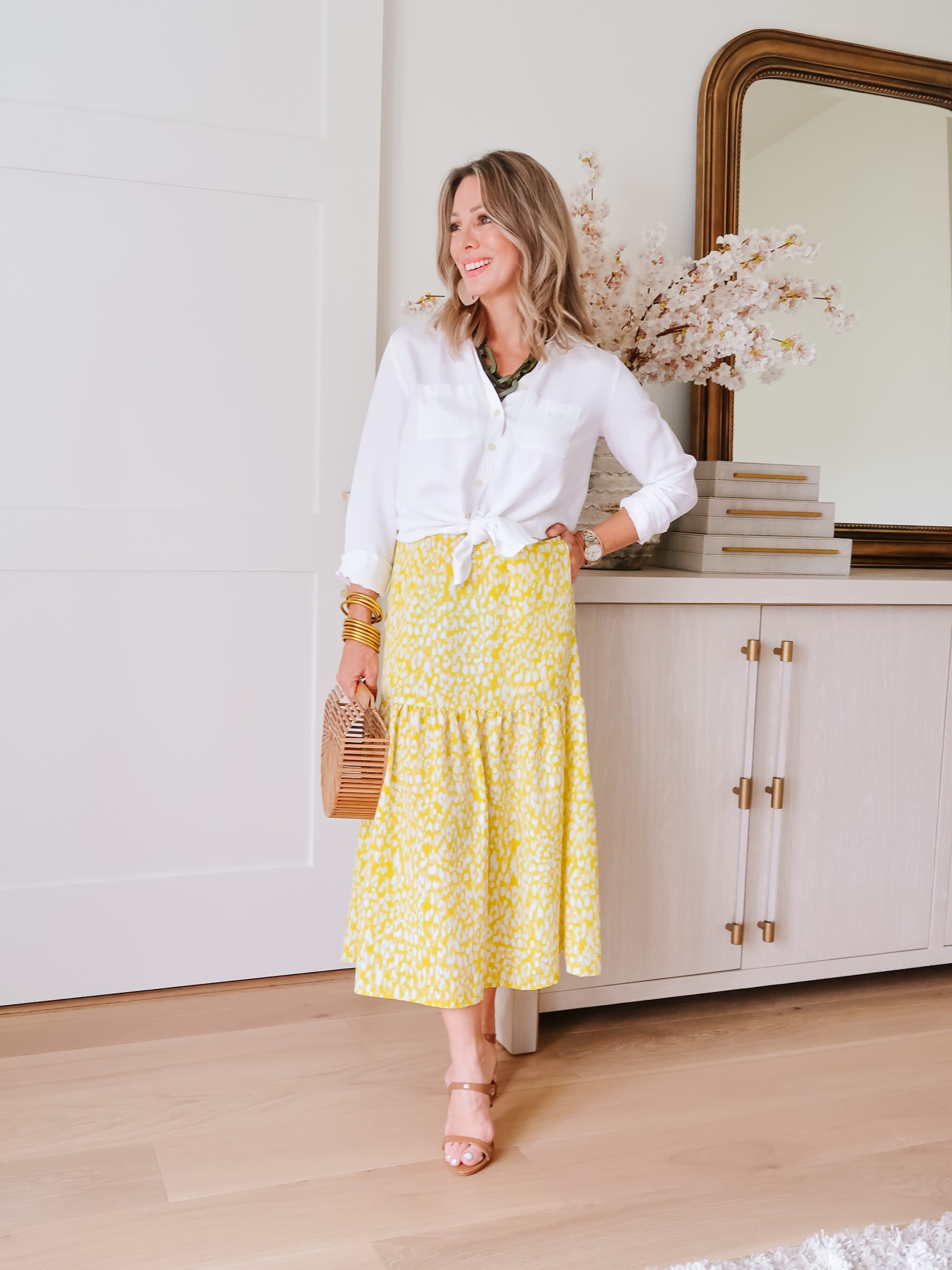 White Button Down, Yellow Skirt, Sandals, Bamboo Clutch