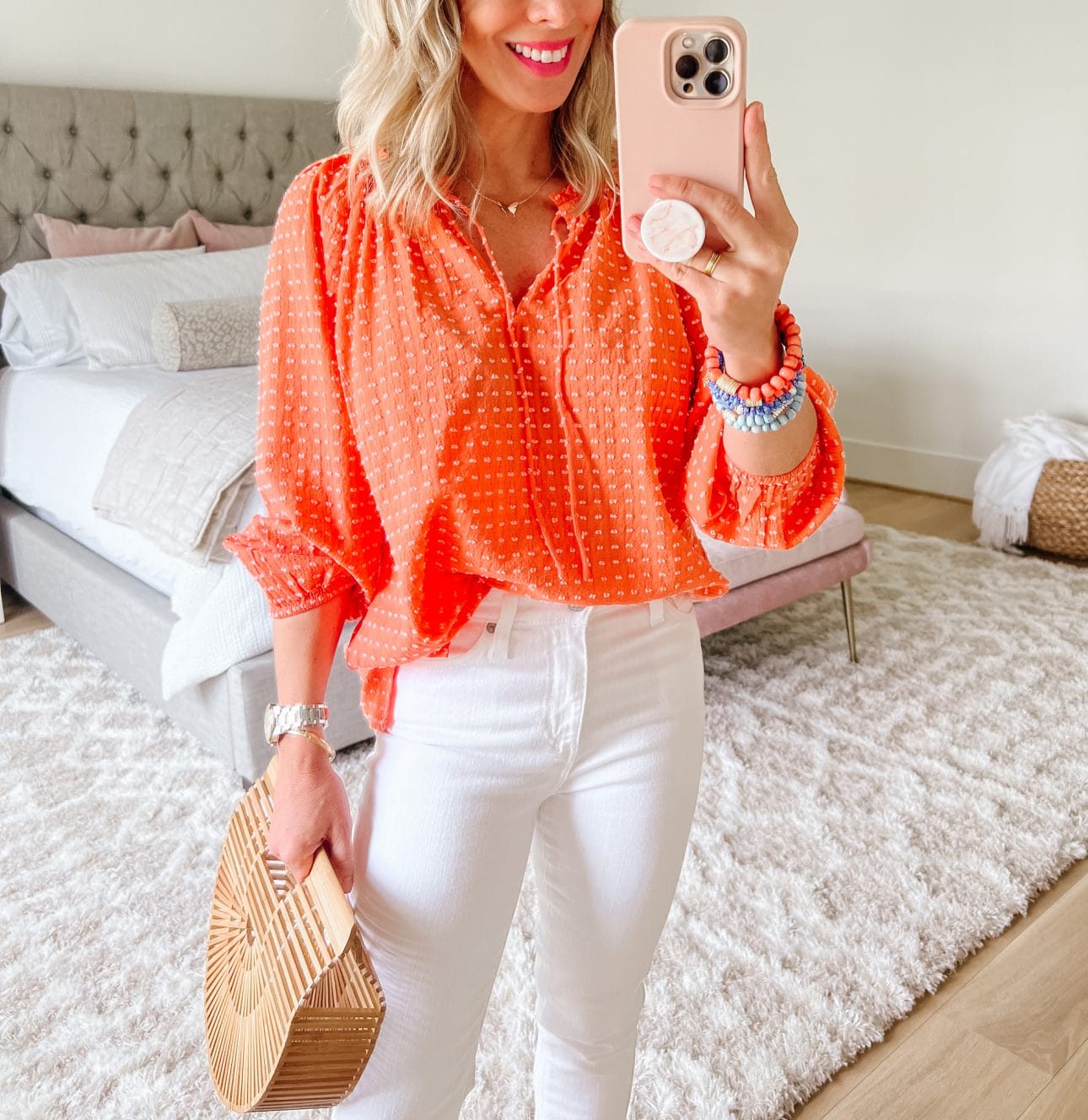 Clip Dot Top, White Jeans, Bamboo Clutch 