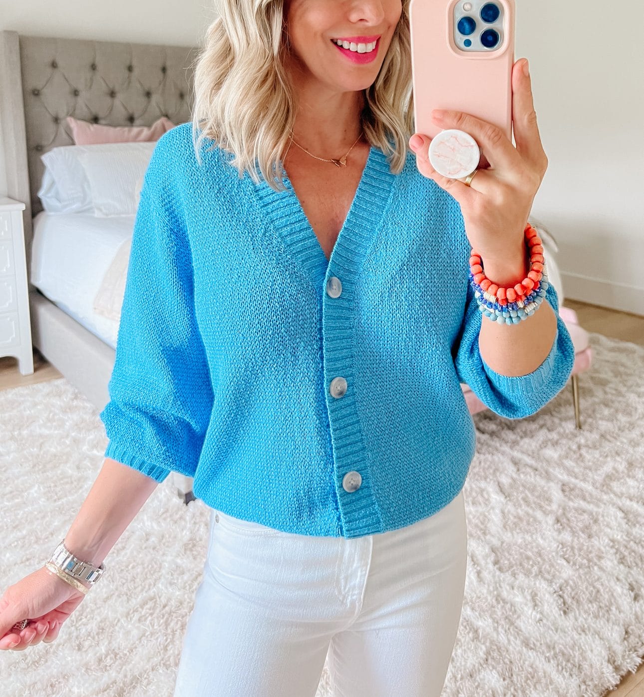 Blue Cardigan Sweater, White Jeans