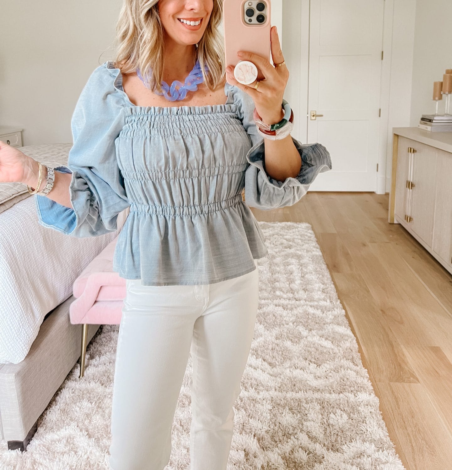 Blue Chambray Peplum Top, White Jeans, Wedges 