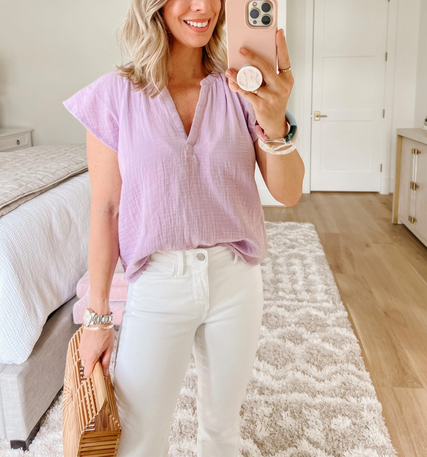 Lilac Top, White Jeans, Wedges 