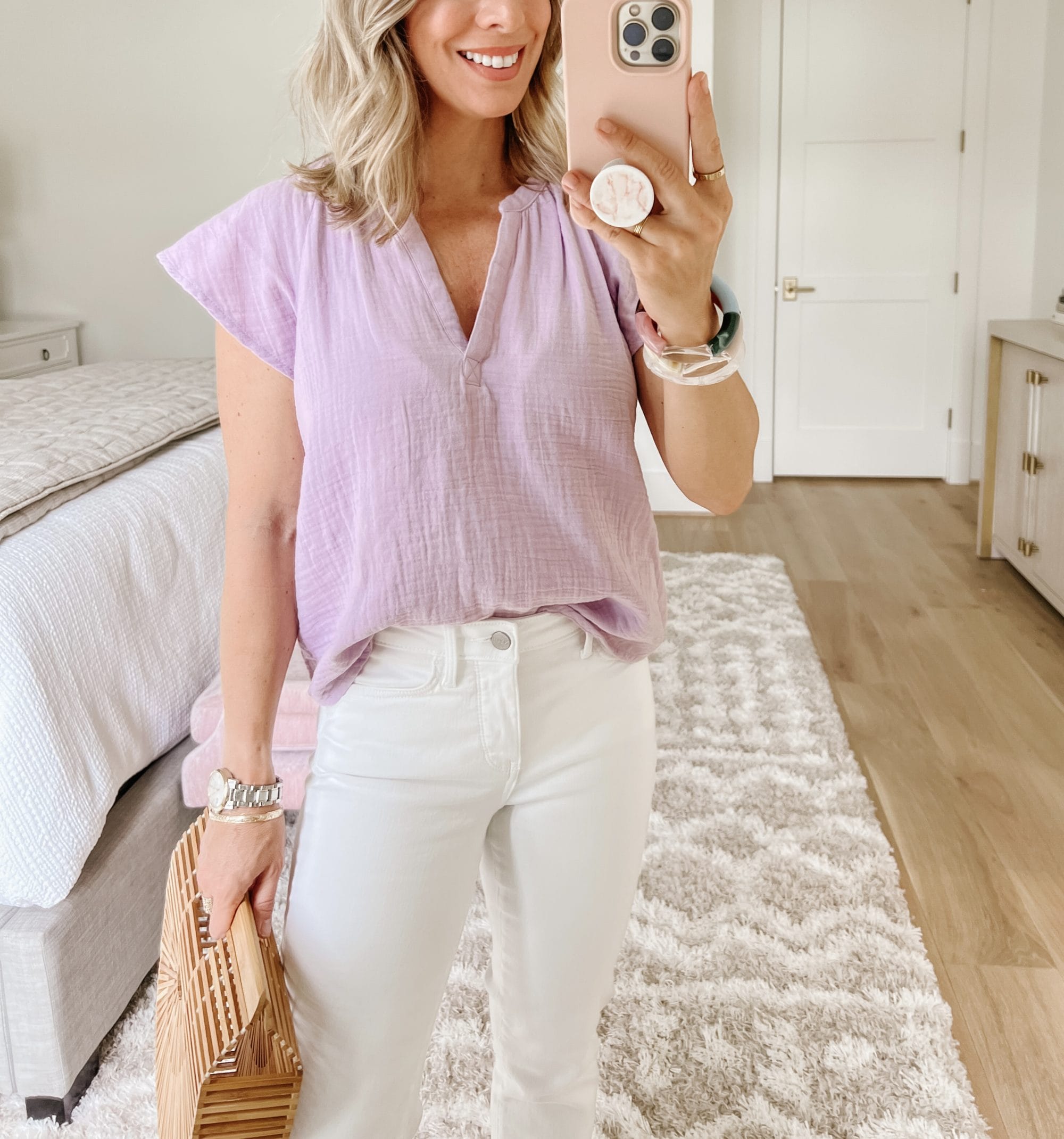 Lilac Top, White Jeans, Wedges 