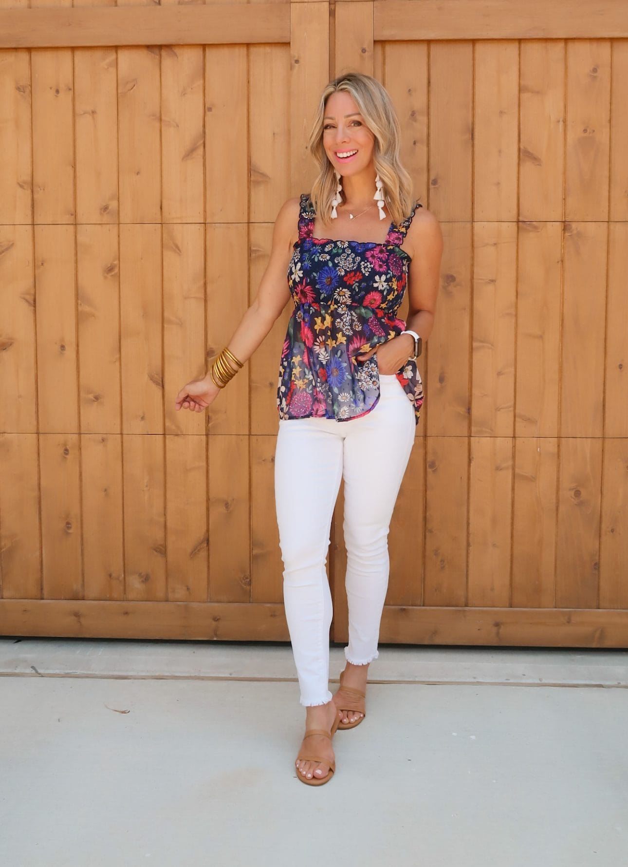 Floral Smocked Tank, White Jeans, Sandals 