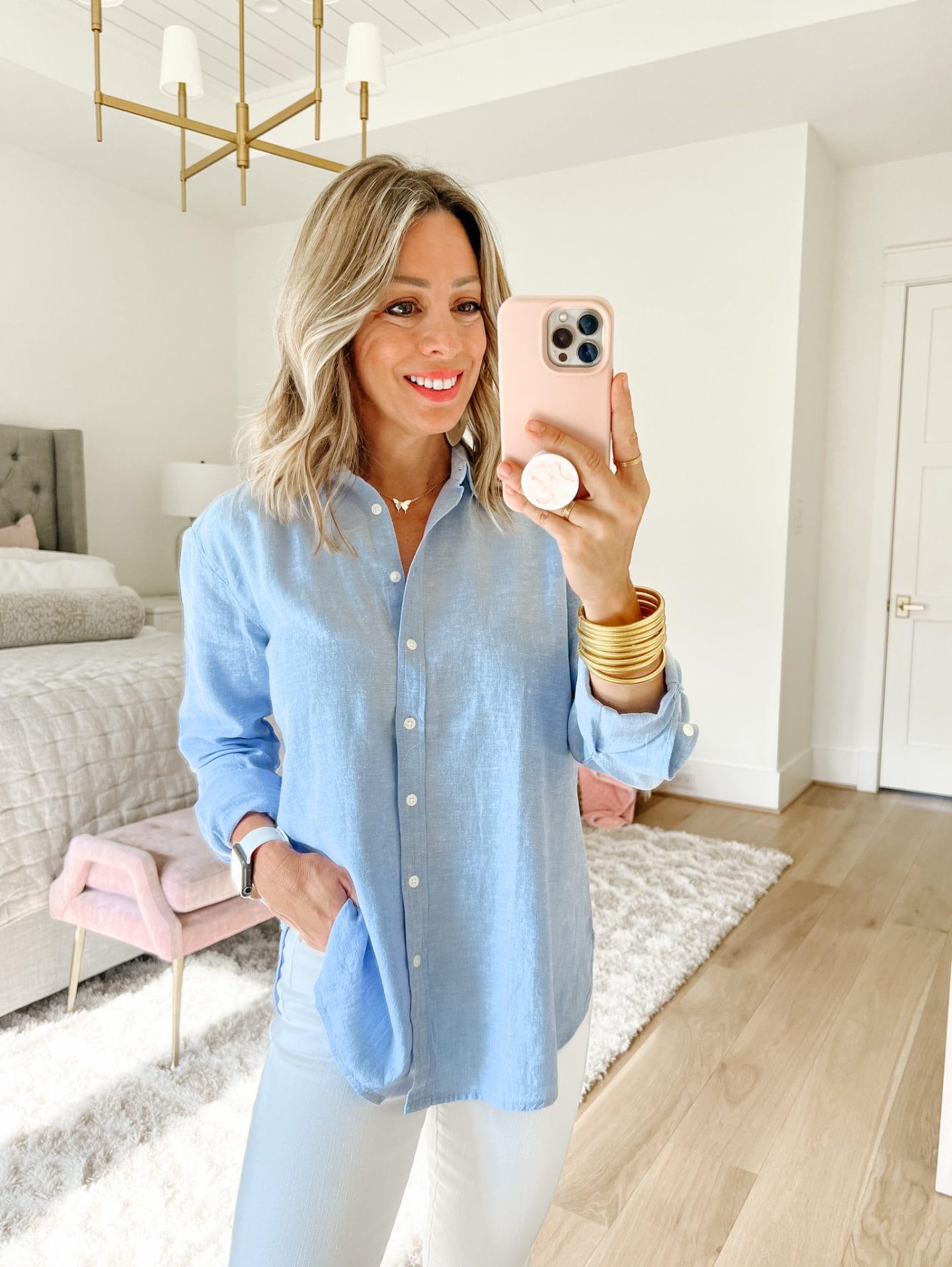 Chambray Button Down, White Frayed jeans, Sandals 