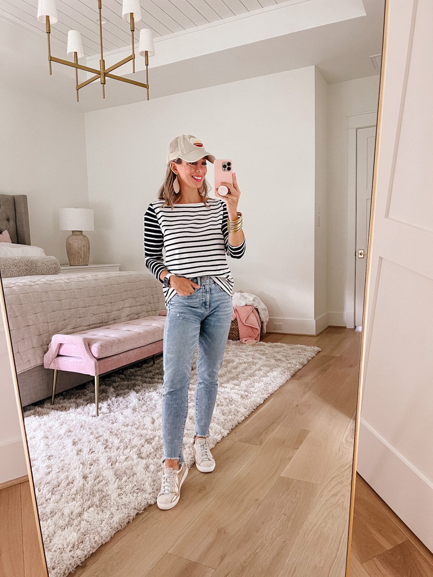 Striped Top, Jeans, Sneakers, Hat