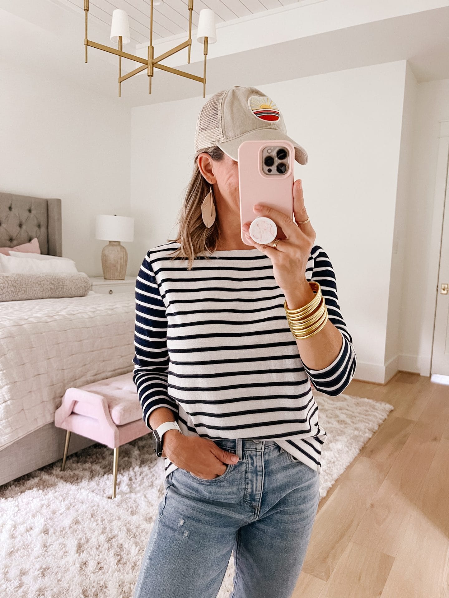 Striped Top, Jeans, Hat, 