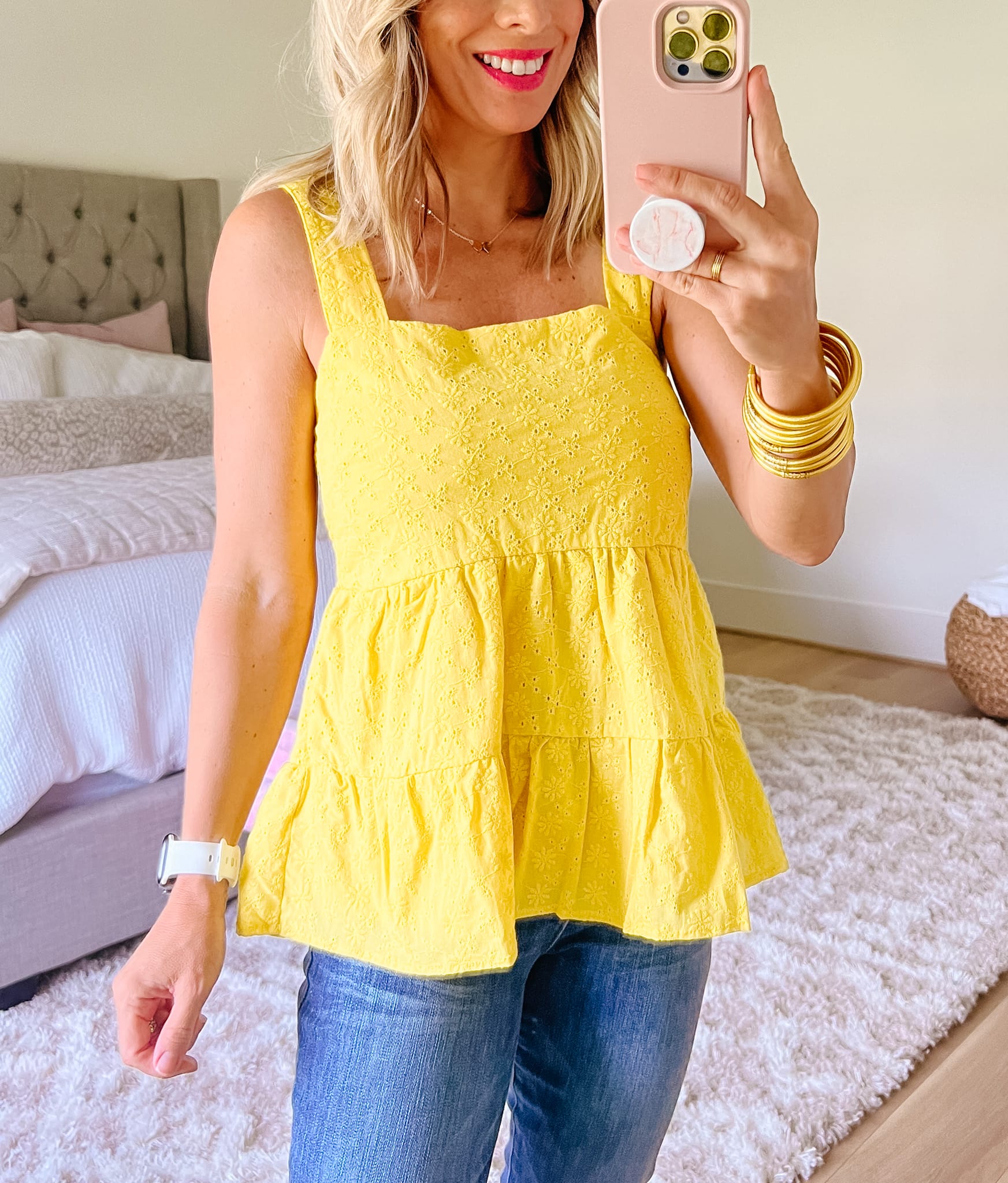 Bloomingdale's Yellow Tank Eyelet, Jeans, Wedges, Bamboo Clutch