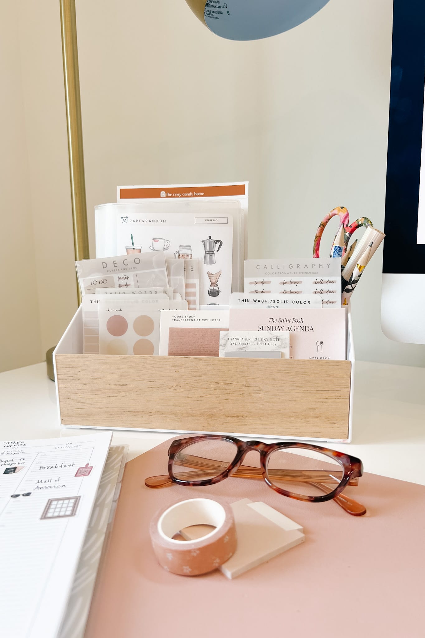 Desk Organization, Glasses, Stationary Stickers, Planner, Scissors, Pens, Pencils, Washi Tape 