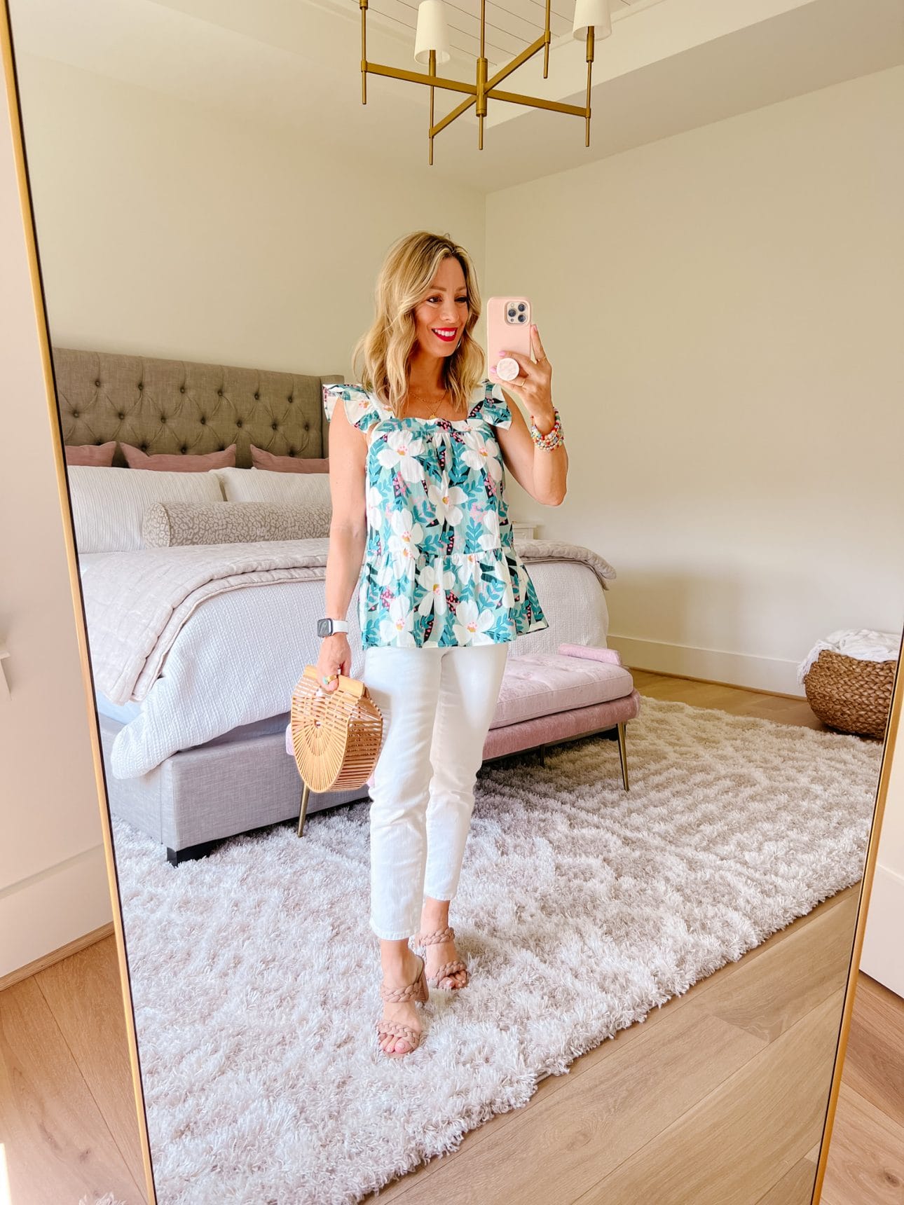 Floral Top, White Jeans, Sandals, Bamboo Clutch 