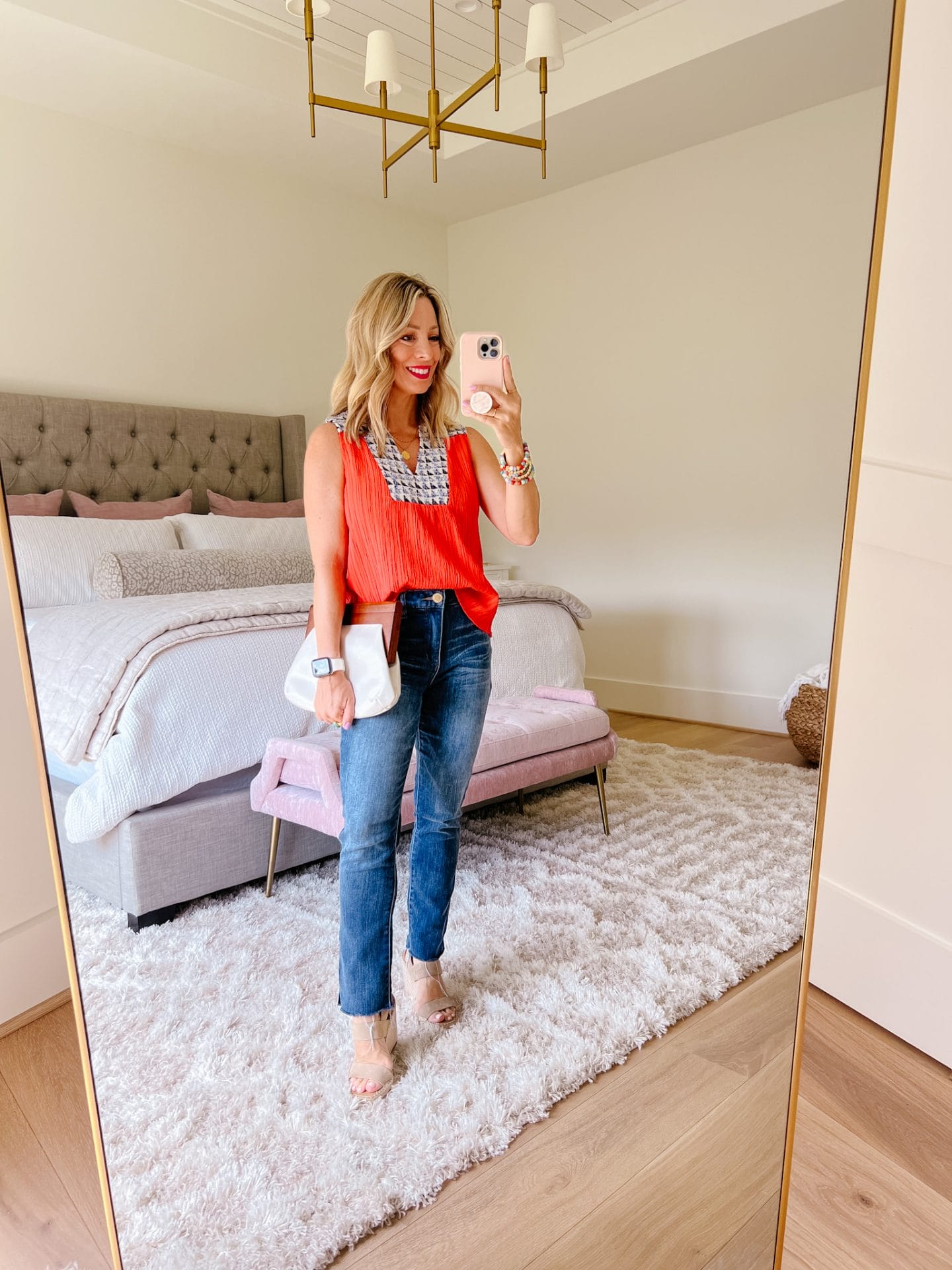 Red Top with Embroidery, Jeans, Sandals Clutch 