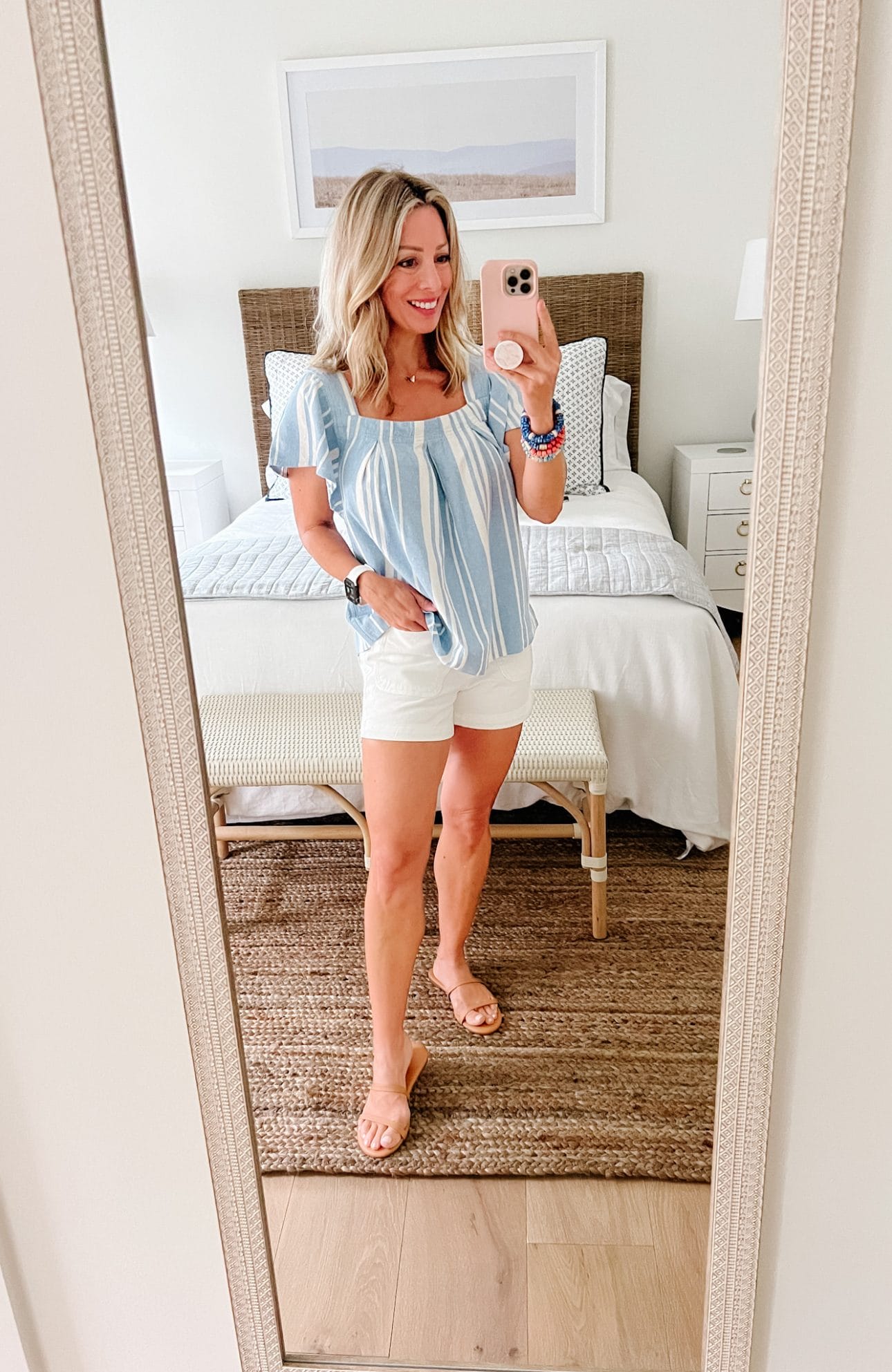 Striped Blue Top, White Shorts, Sandals 