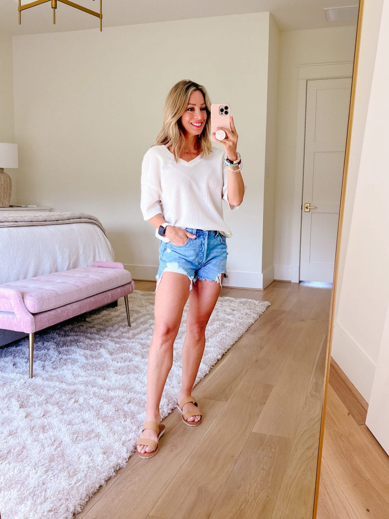 Waffle Knit Top, Shorts, Sandals 