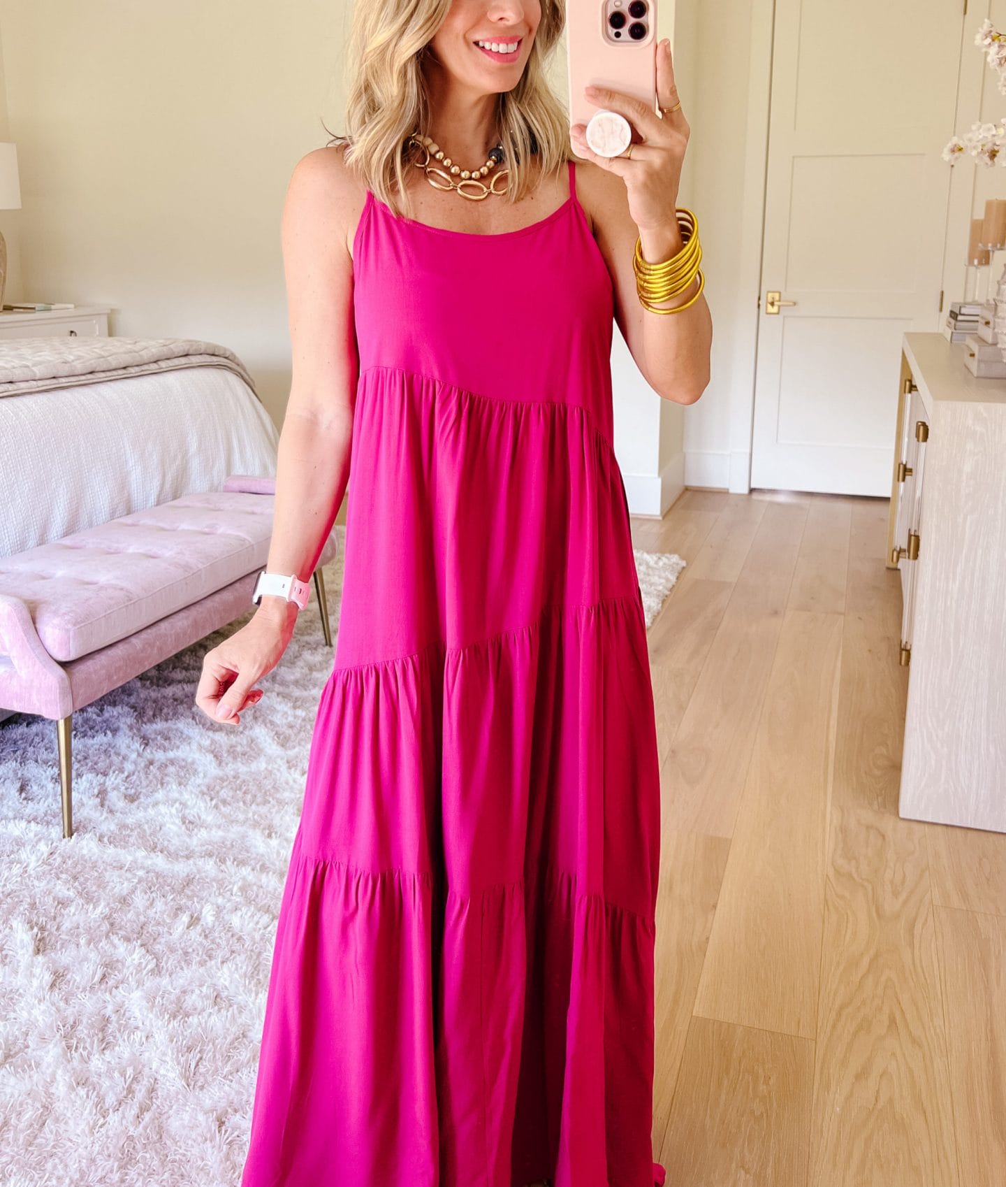Tiered Pink Maxi Dress, Sandals 