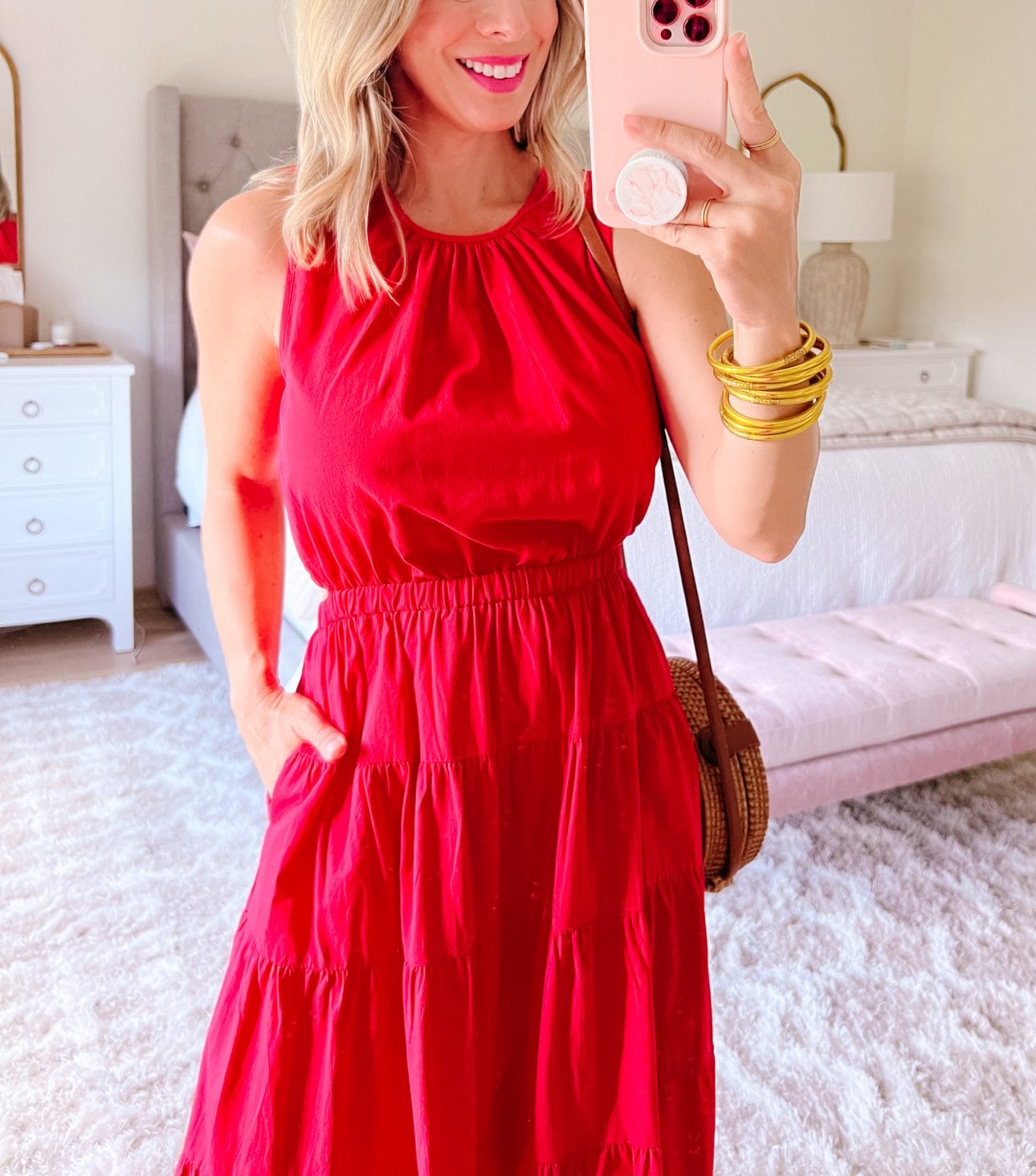 Red Halter Style Maxi Dress, Woven Crossbody 
