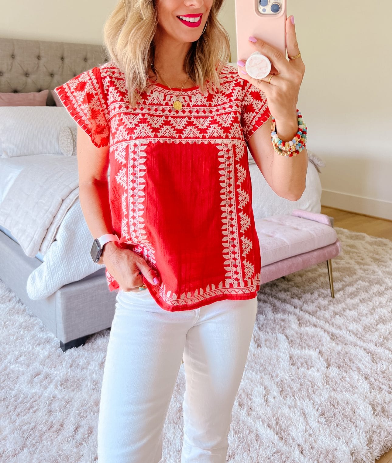Red Embroidered Top, Jeans, Sandals, Bag 