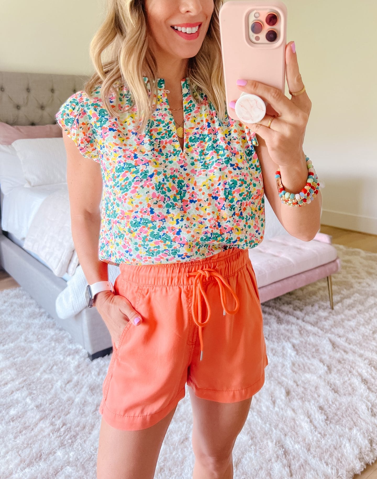 Floral Top, Coral Shorts