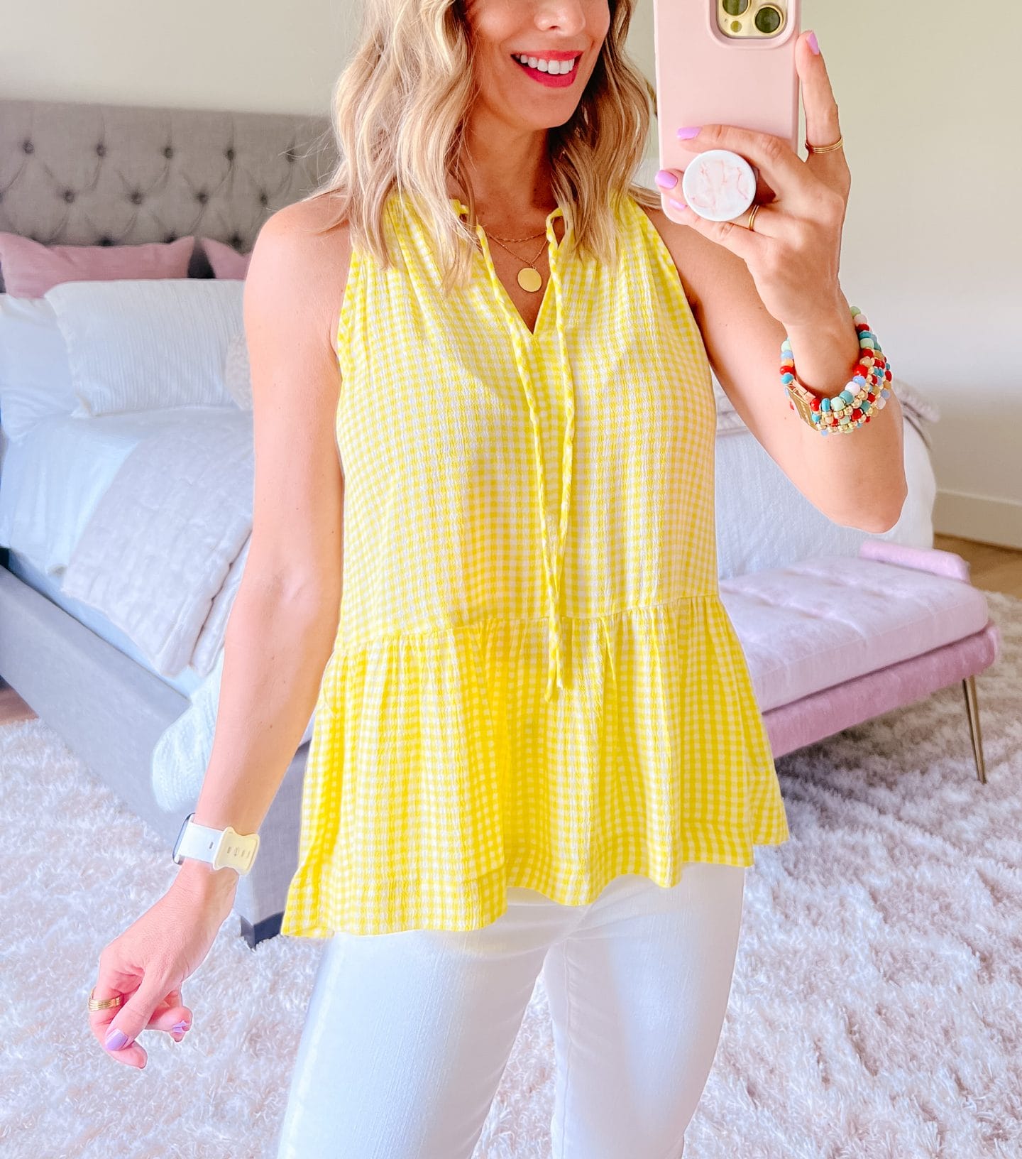 Yellow Tiered Tank Top, White Jeans, Sandals, Crossbody 