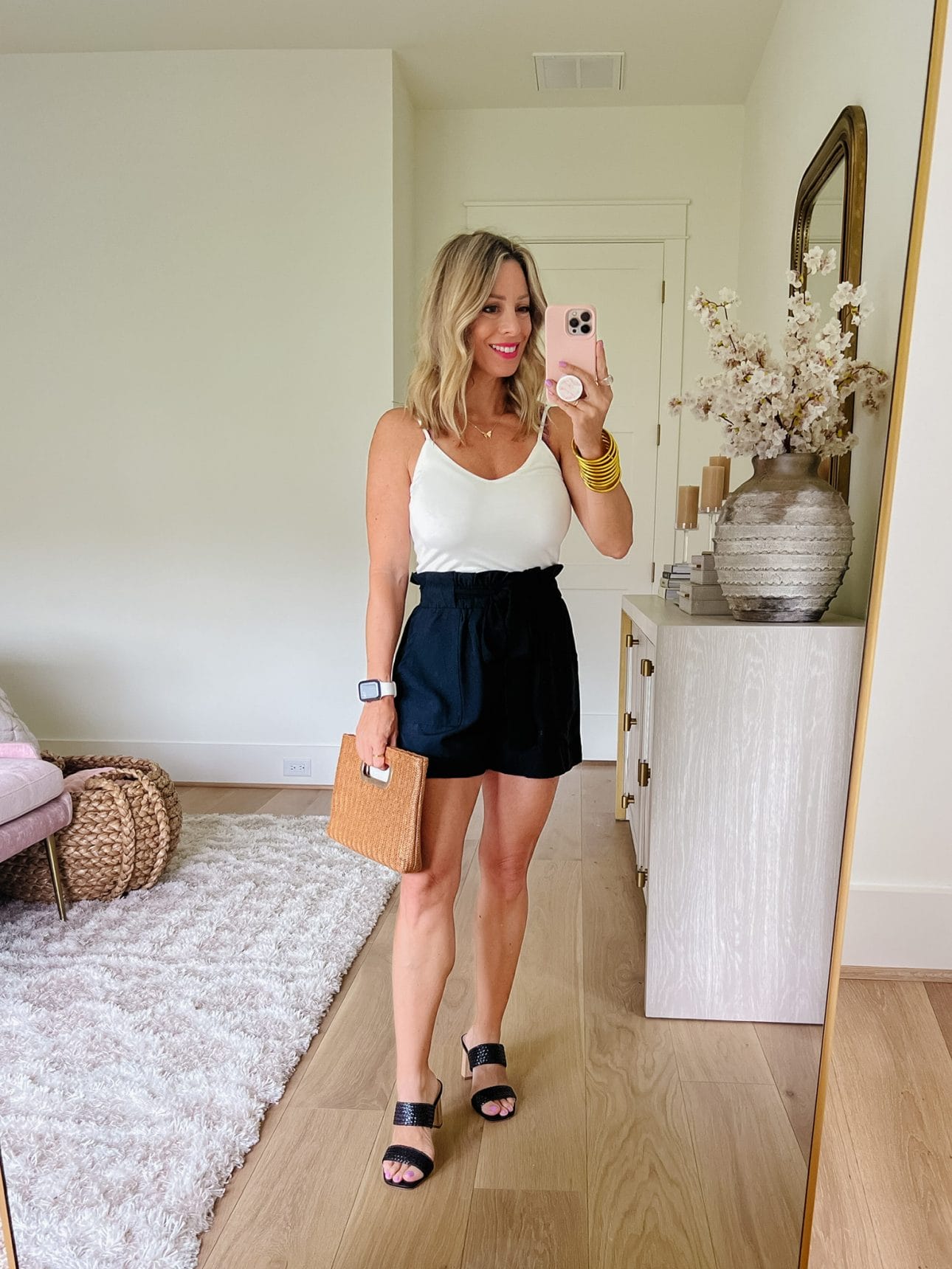 Cami and Black Shorts, Sandals, Clutch