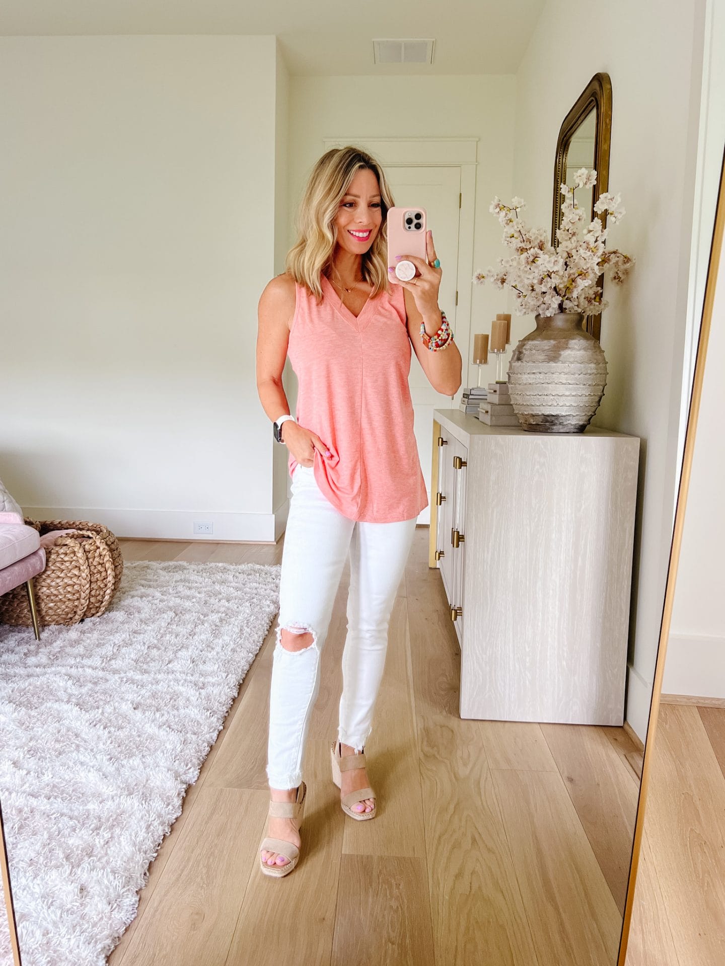 Tunic Tee, White Jeans, Wedges 