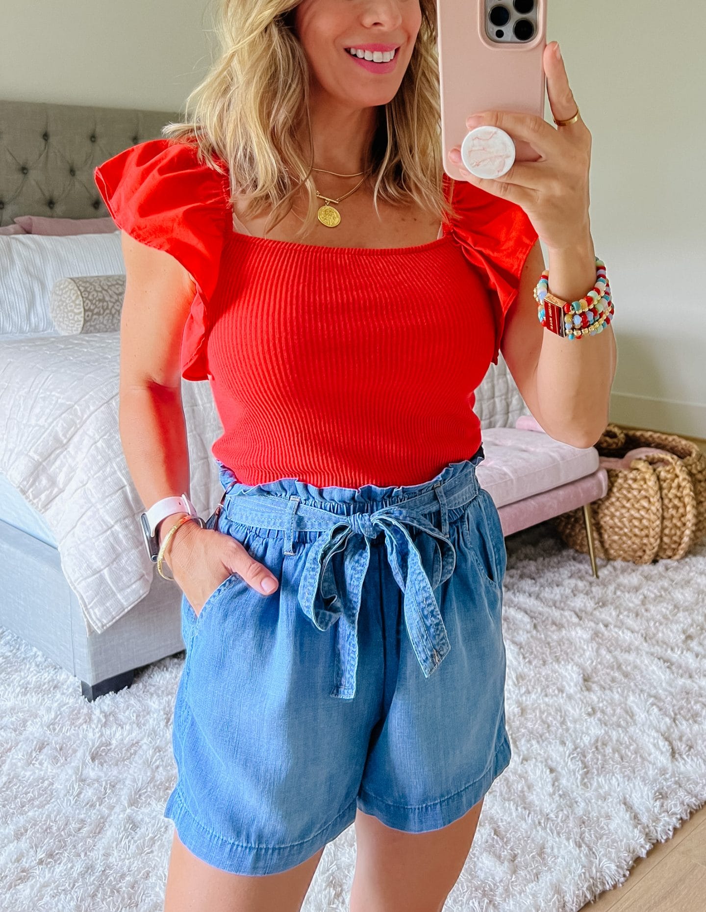 Puff Sleeve Top Red, Tie Waste Shorts