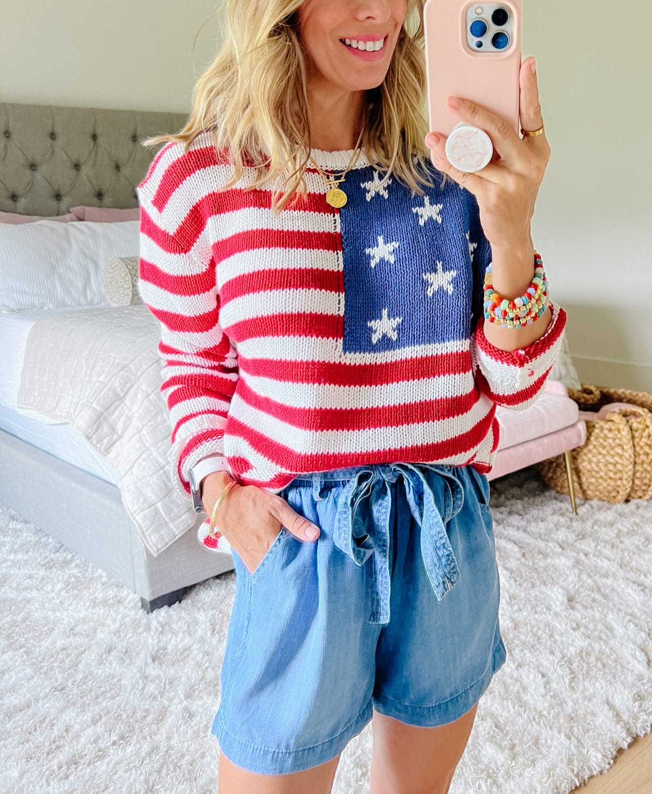 Flag Sweater, Shorts, Necklace 
