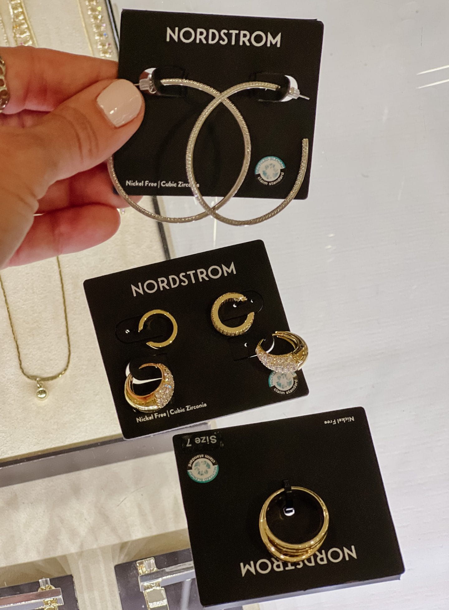 Nordstrom Anniversary Sale, pave hoop earrings, pave huggies and ear cuffs, stacked ring