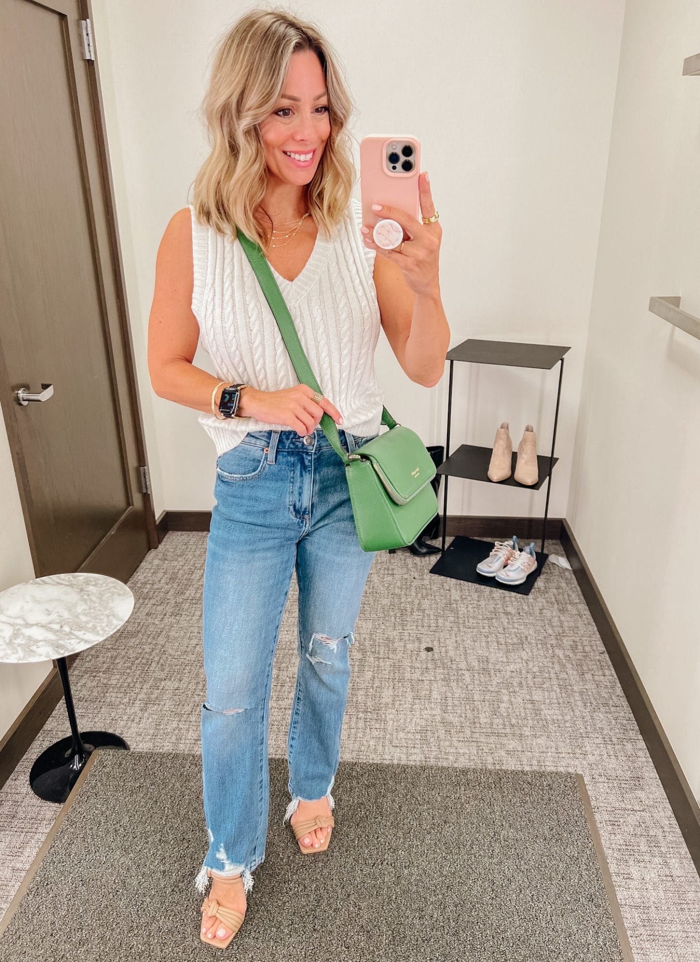 Nordstrom Anniversary Sale, white sweater vest, kate spade green leather crossbody, ripped blue jeans, gold layered necklace, apple black and gold watchband