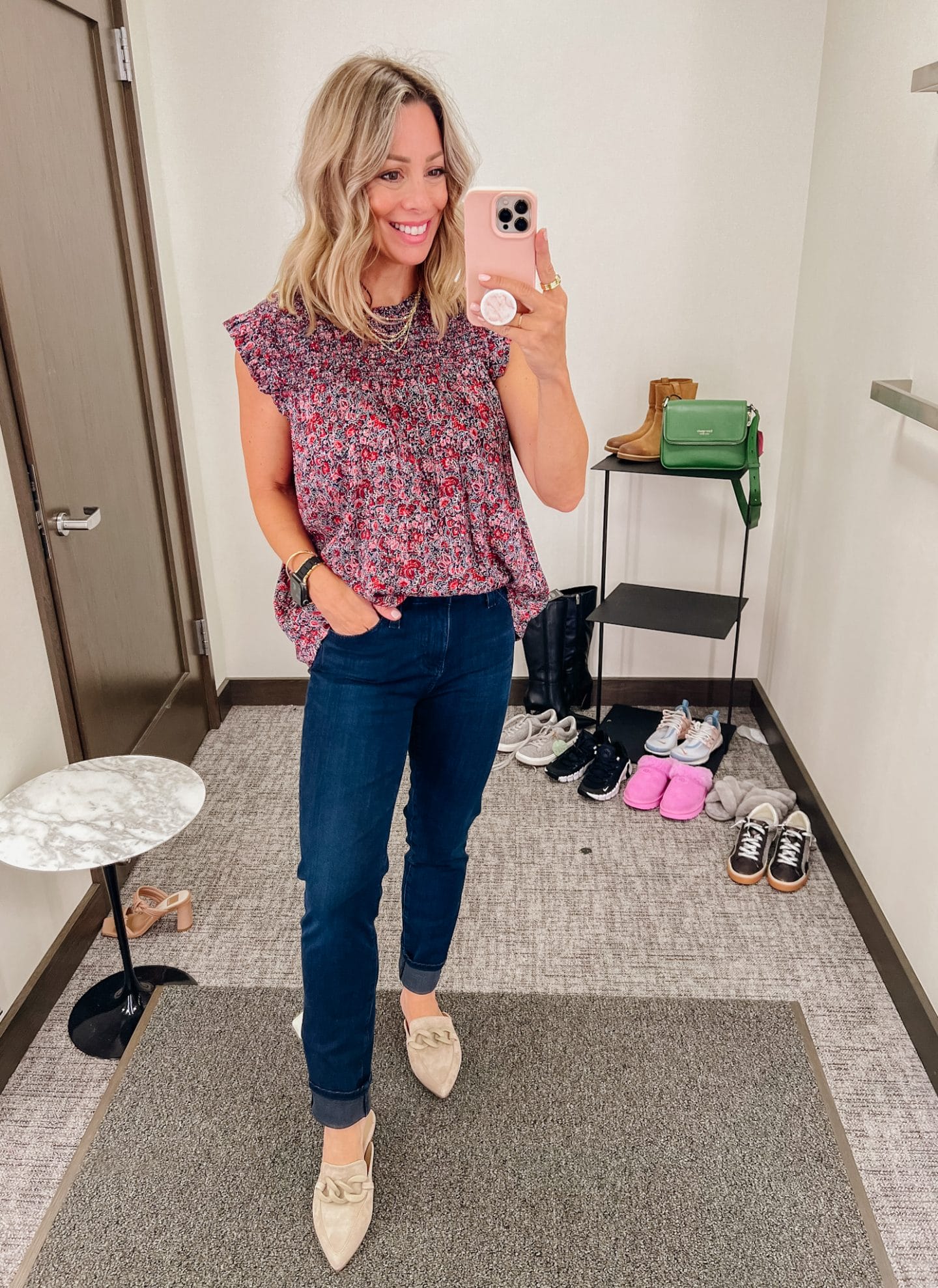Nordstrom Anniversary Sale, floral smock top, dark blue jeans, chained mules, apple black and gold watchband, gold layered necklace