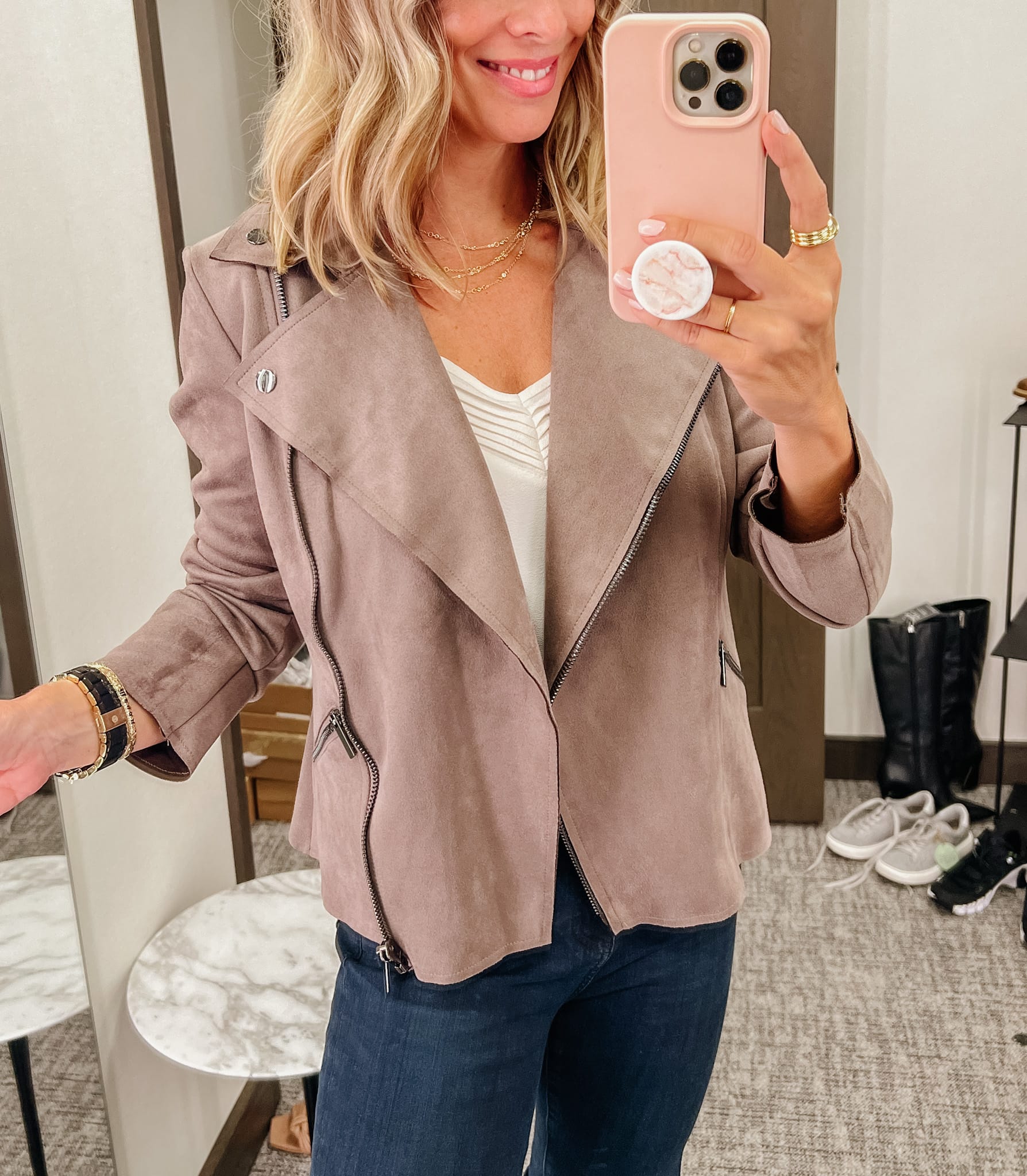 Nordstrom Anniversary Sale, beige faux suede moto jacket, white cami, gold layered necklace, black and gold apple watchband