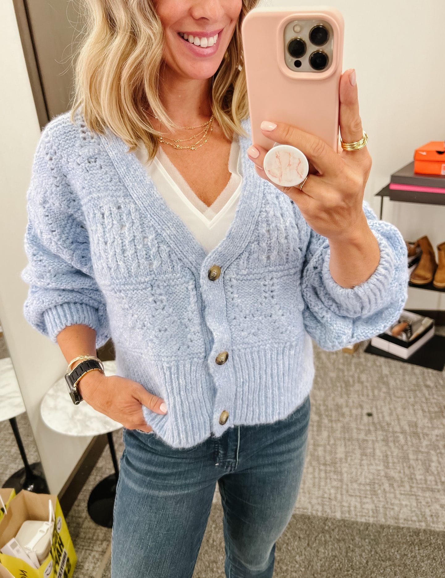Nordstrom Anniversary Sale, light blue chunky cardigan, blue jeans, steve madden beige booties, apple black and gold watchband, gold layered necklace