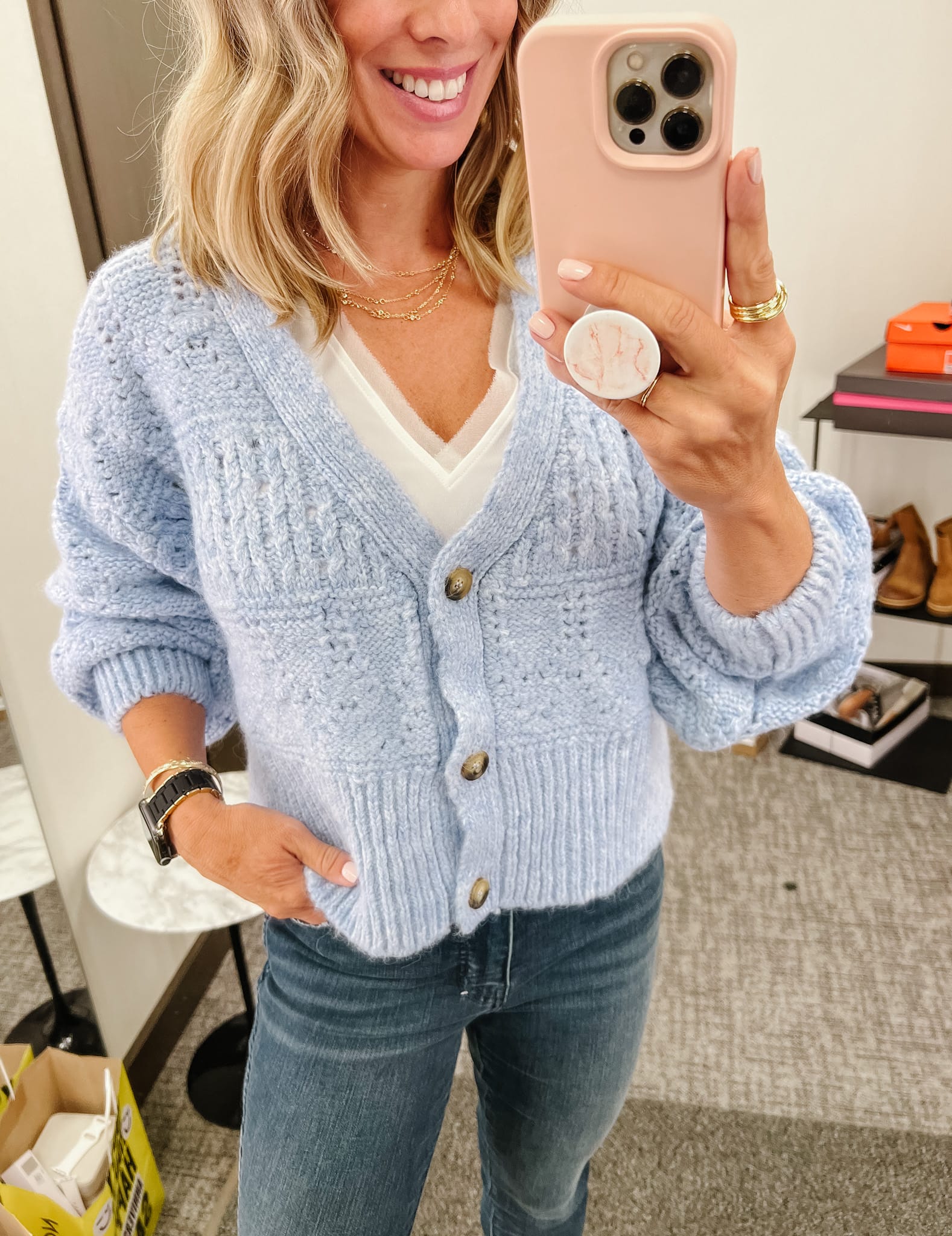 Nordstrom Anniversary Sale, light blue chunky cardigan, blue jeans, steve madden beige booties, apple black and gold watchband, gold layered necklace