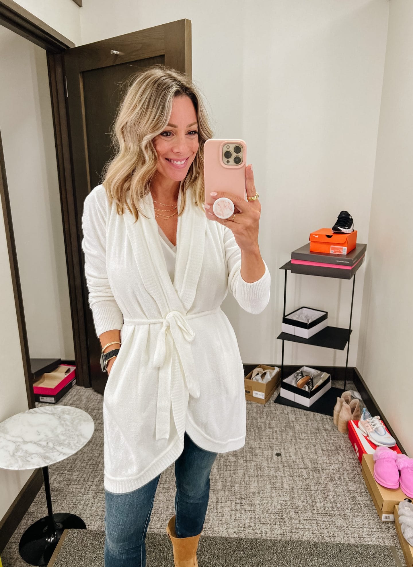 Nordstrom Anniversary Sale, white barefoot dreams cardigan, white tank, cozy, fall outfit