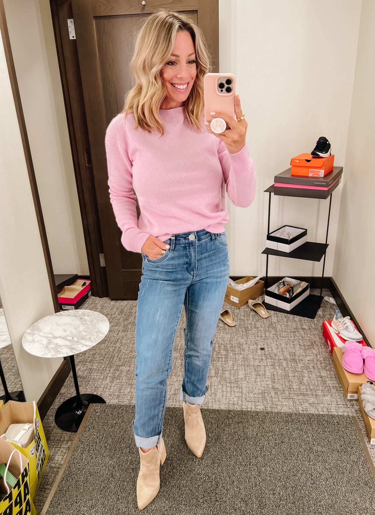 Nordstrom Anniversary Sale, pink cashmere sweater, blue jeans, beige steve madden booties, fall outfit