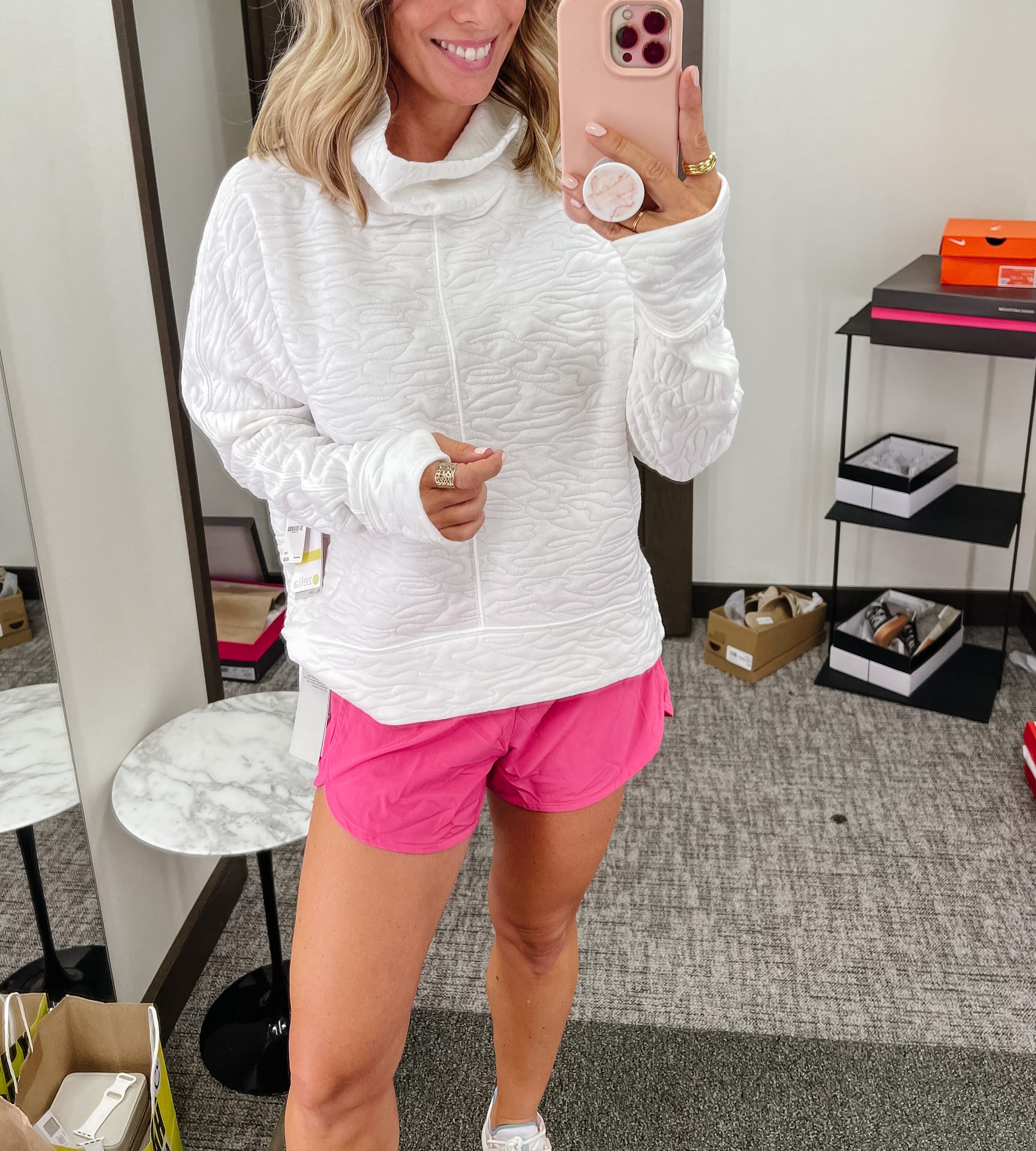 Nordstrom Anniversary Sale, activewear, white cowl neck pullover, hot pink running shorts, nike trainers 