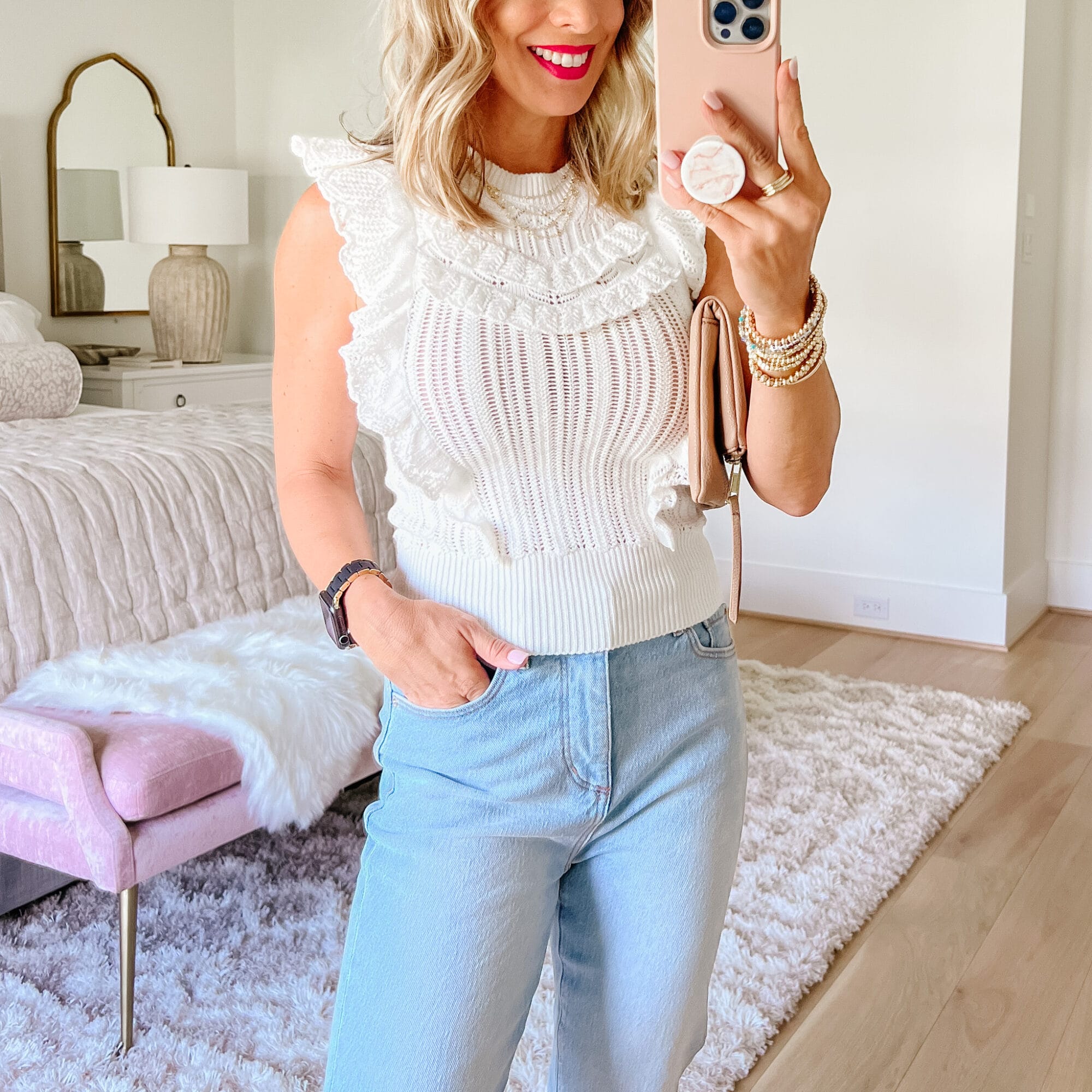Sleeveless Sweater Top, Jeans, Sandals, Clutch 