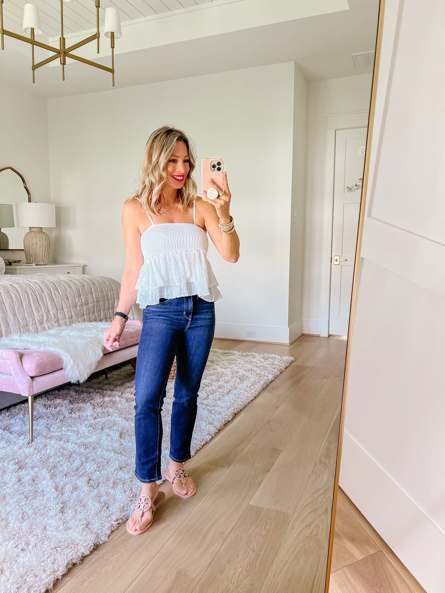 Smocked Spaghetti strap top, Jeans, Tory Burch Sandals